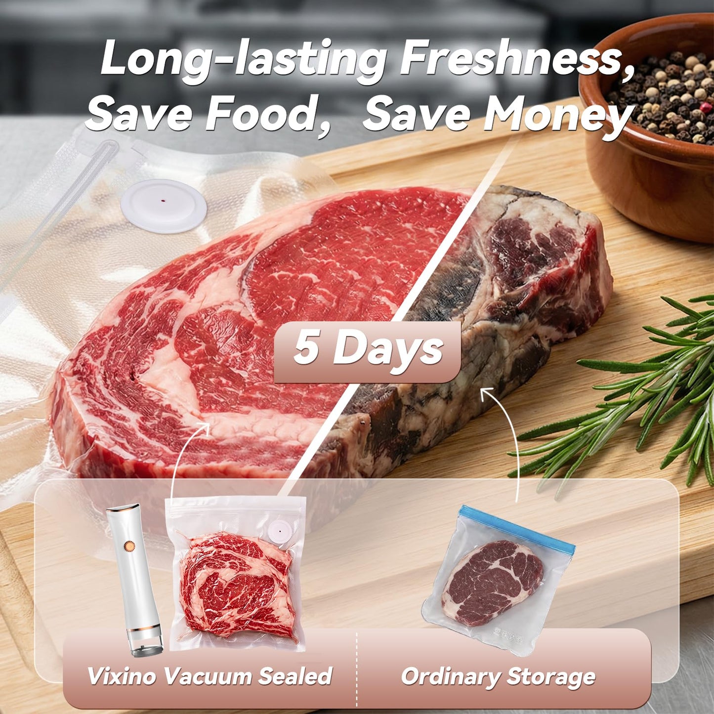 Vixino Compact Vacuum Sealer for Food (Vacuum Sealer Machine + 30 Reusable Vacuum Bags) Powerful Handheld Vacuum Sealer Machine, Extend Freshness up to 10X Longer, Portable & Cordless