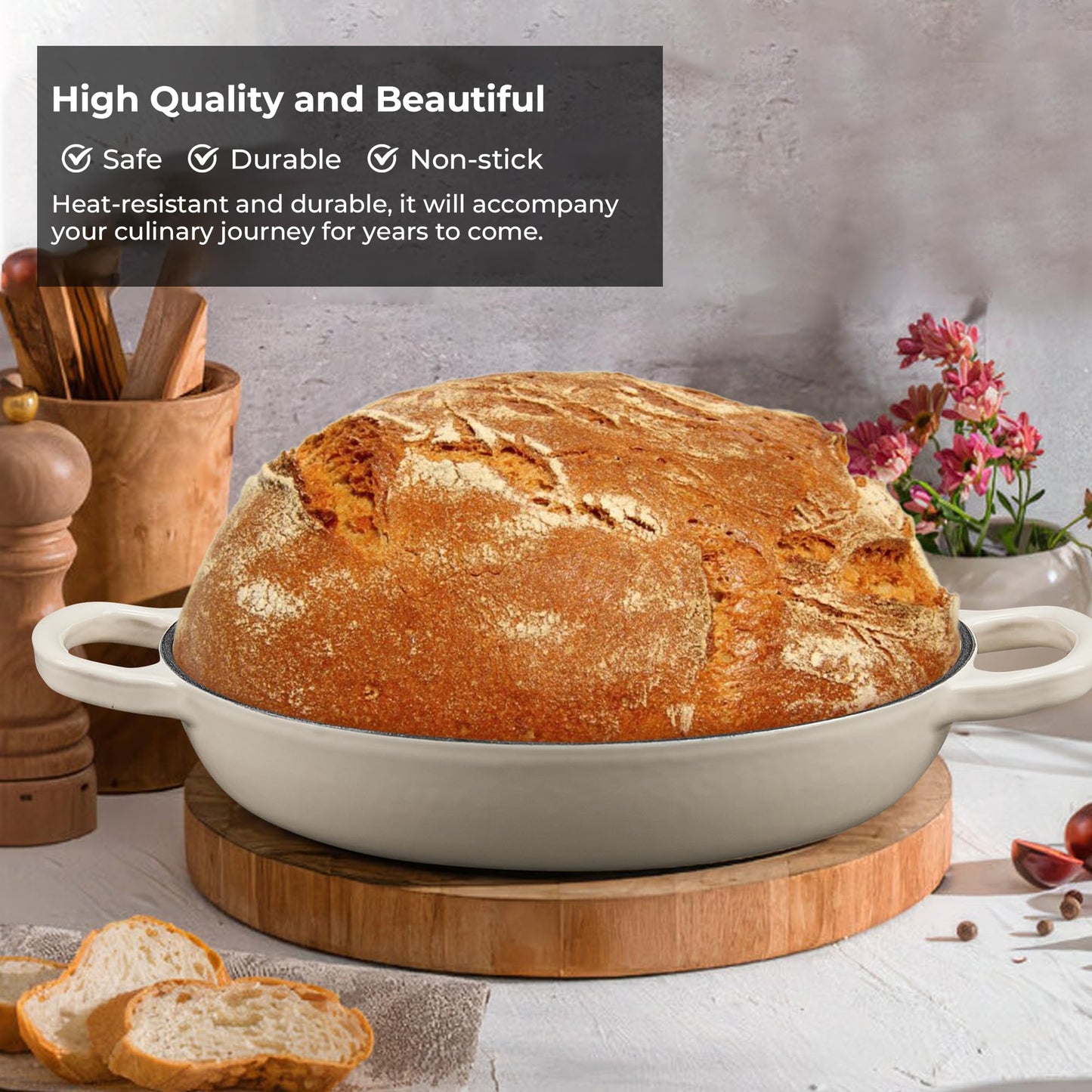 FLAVORIX Enameled Cast Iron Bread Oven for Sourdough, Dutch Oven for Bread Baking with Lid, Dutch Oven Bread Pan, 6 Qt, White