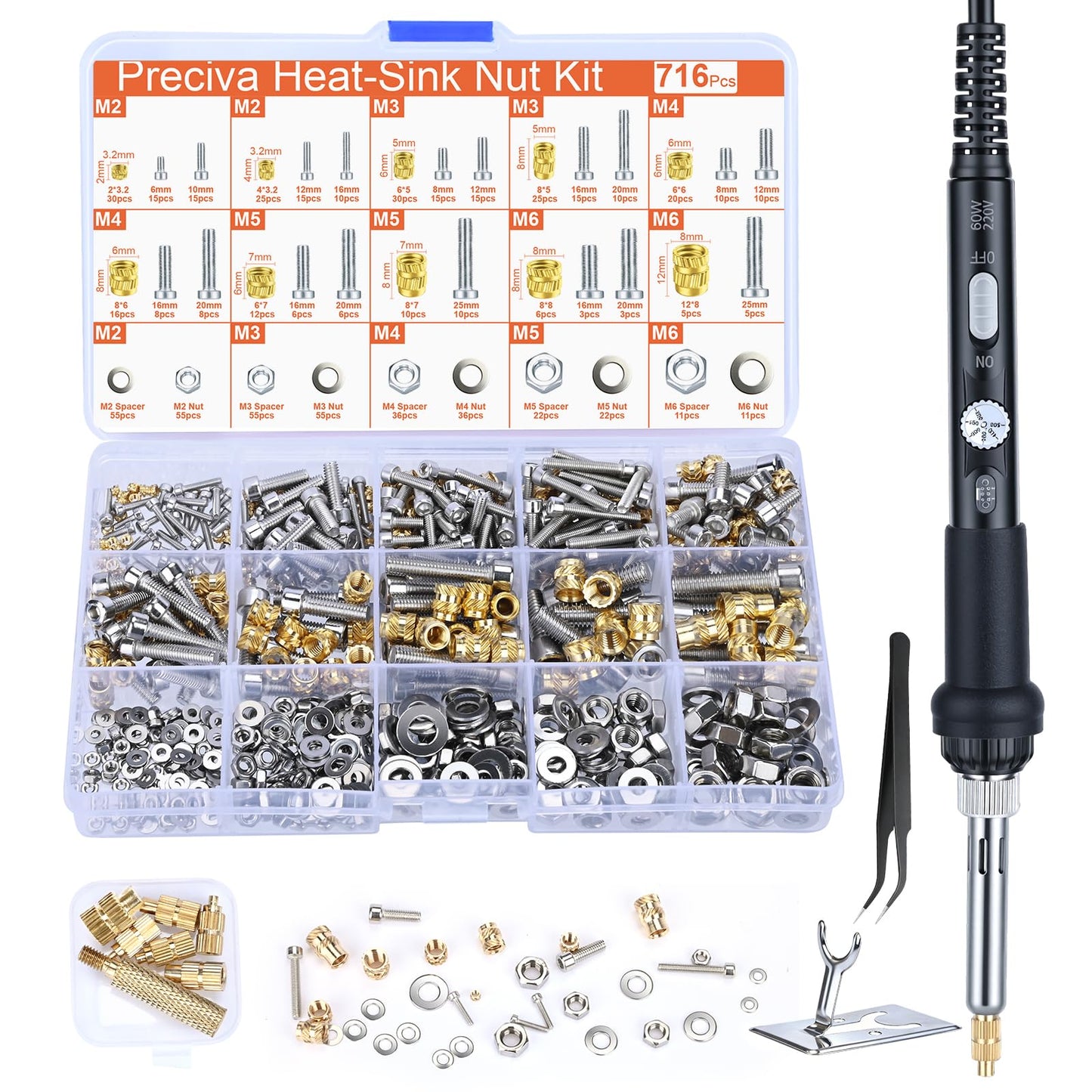 Preciva Threaded Inserts Set, 716Pcs Heat Set Inserts Nuts Bolts with M2 M3 M4 M5 M6 Insert-Tip, 60W Soldering Iron and Holder, for 3D Printer Parts or Plastic Parts