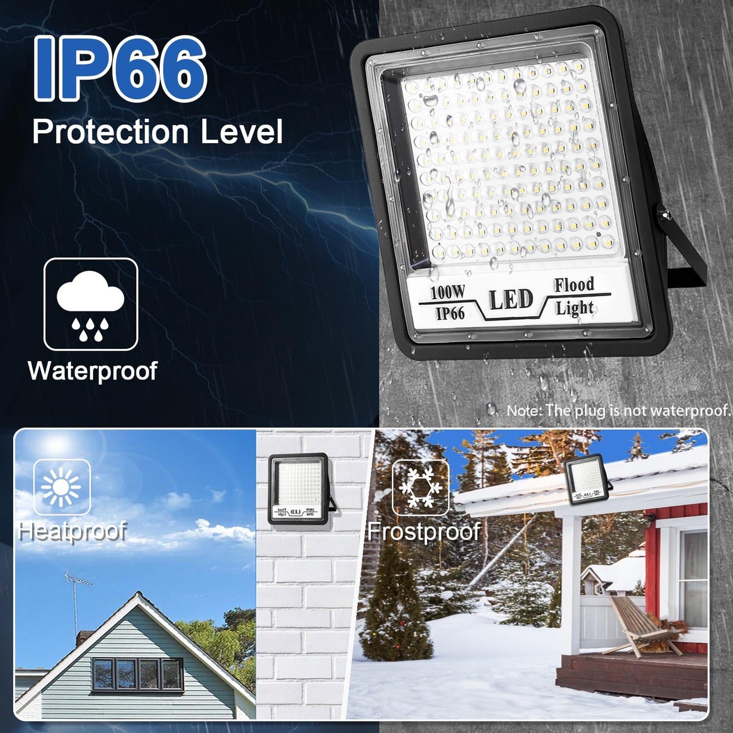 2 Pack Flood Light Outdoor, 100W 10000lm LED Flood Light, IP66 Waterproof Exterior Flood Lights, 6500K Daylight White, Plug in Outdoor Lights Led for Patio, Garage, Porch, Lawn, Yard, Garden