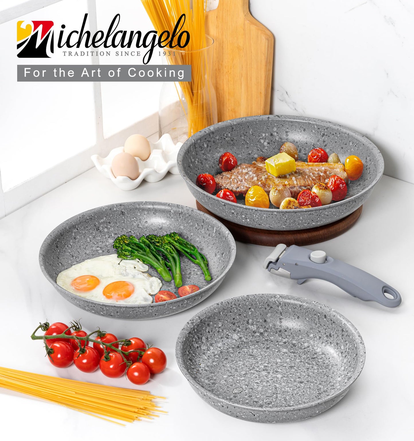 MICHELANGELO Nonstick Frying Pan Set, 8" 9.5" and 11" Fry Pans with Removable Handle, Ultra Non Stick Granite Coating Skillet, Induction Pans with Detachable Handle for Cooking & RV Camping, Gray