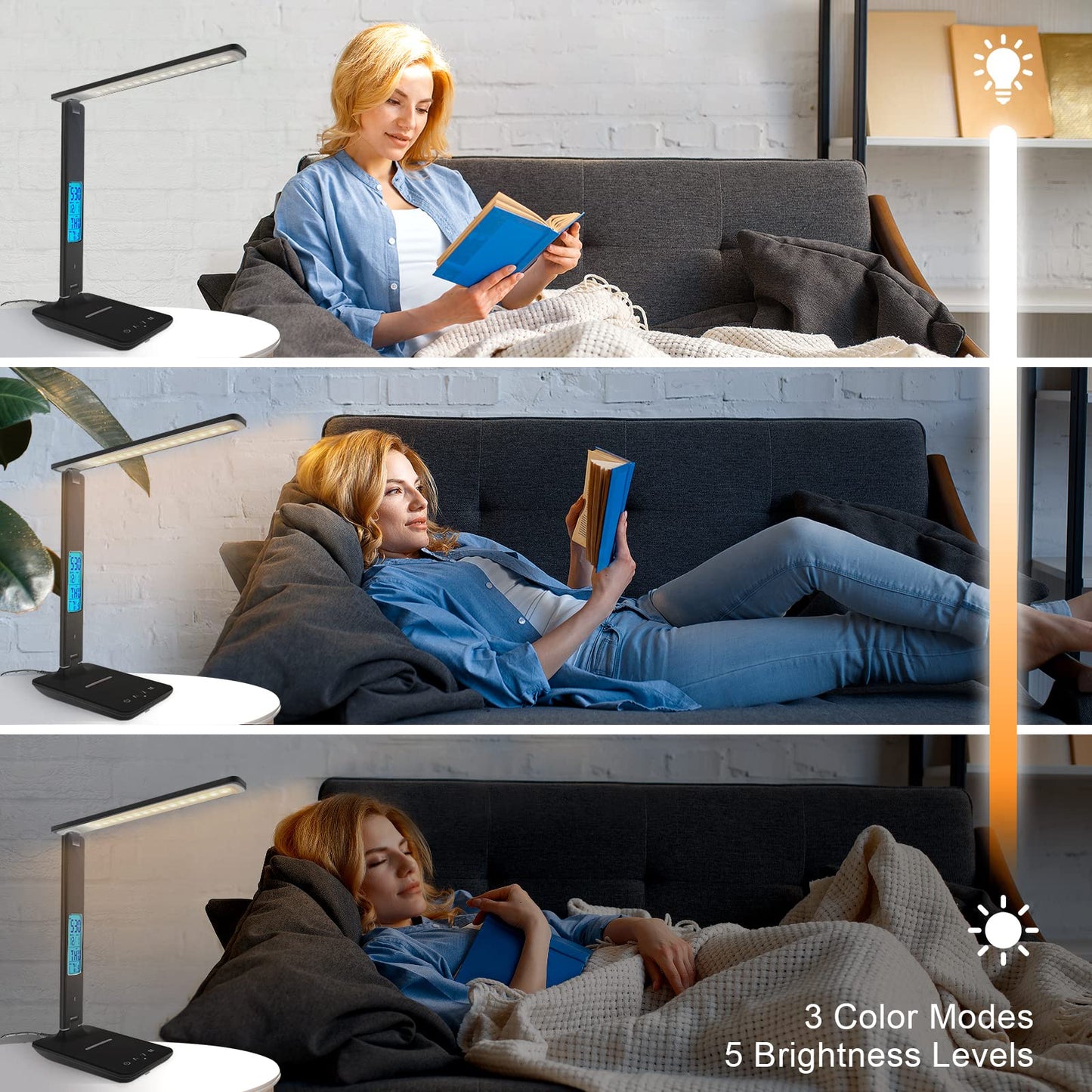 Whicow LED Desk Lamp Eye-Caring Table Lights Dimmable 5 Modes Touch Control Adjustable Table lamp with USB Charging Port for Home Office Reading, Studying Working