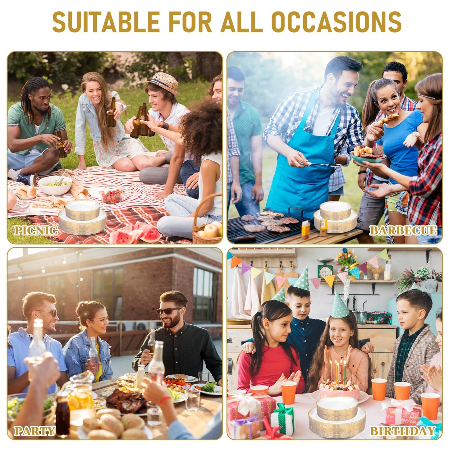 100 Pcs Hammered Plastic Plates with Gold Rim, Clear Plastic Plate 50 Disposable Heavy Duty 10 Inch Dinner Plates 50 Round 7 Inch Dessert Salad Plate for Party Wedding