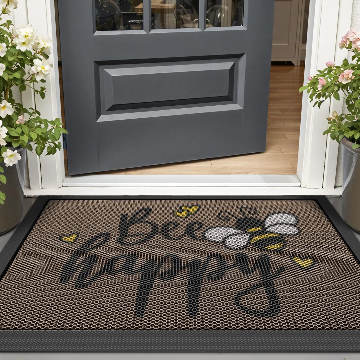 LUMI Outside Welcome Door Mat 17x30, Non Slip Durable Rubber Entrance Doormat, Low Profile Easy Clean Mats for Front Back Door Entryway Porch Garage, Bee Happy