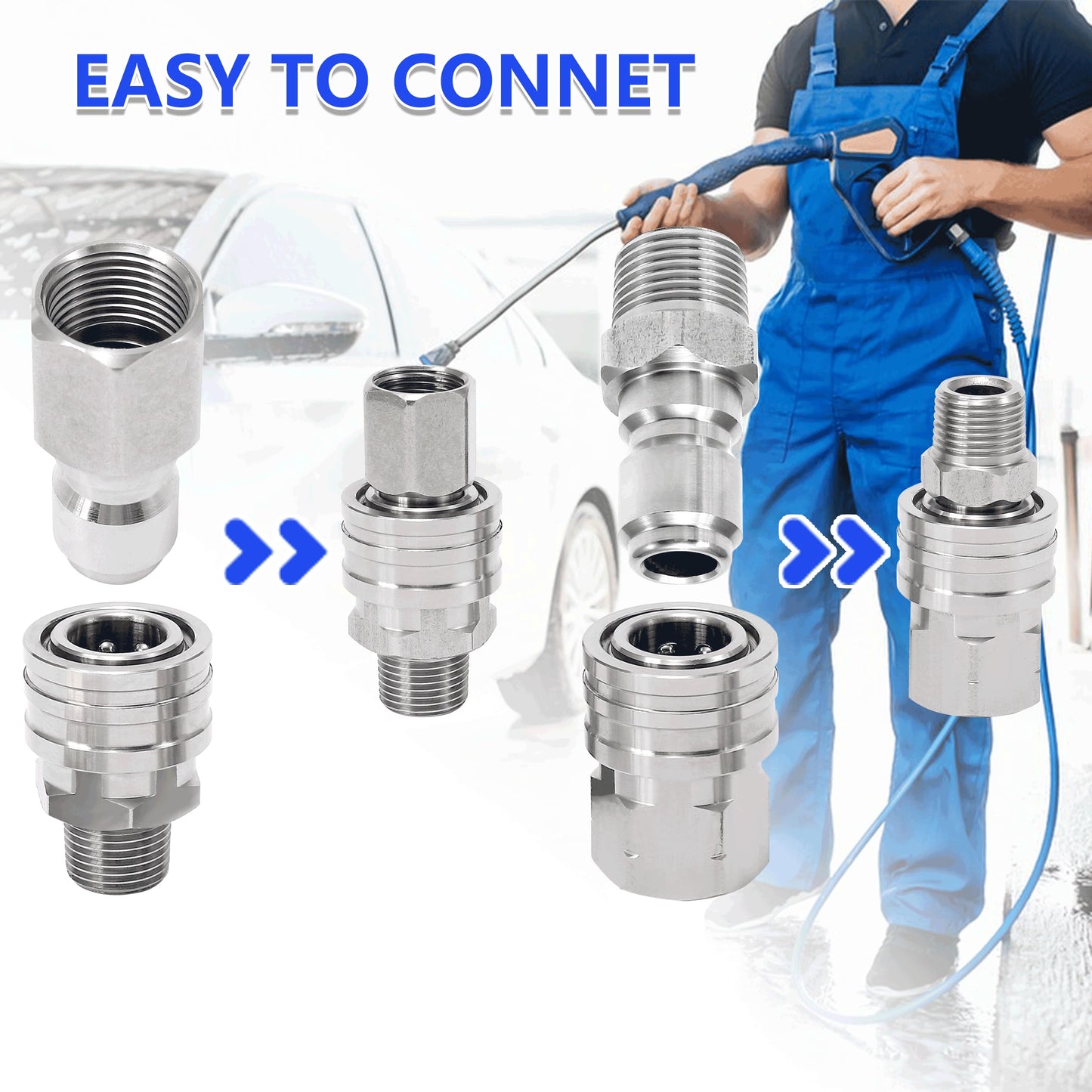 RIDGE WASHER Quick Connect 3/8 Inch Pressure Washer Adapter Set, Stainless Steel Fittings, Female and Male NPT Thread, 8 Pcs