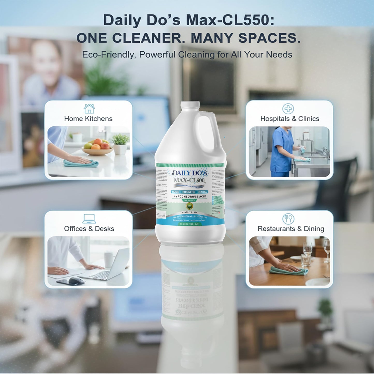 DailyDo's Hypochlorous Acid (HOCl) Cleaning & Hygiene Solution | 500ppm | 4L Value Size | Professional-Grade, Alcohol-Free & Non-Staining