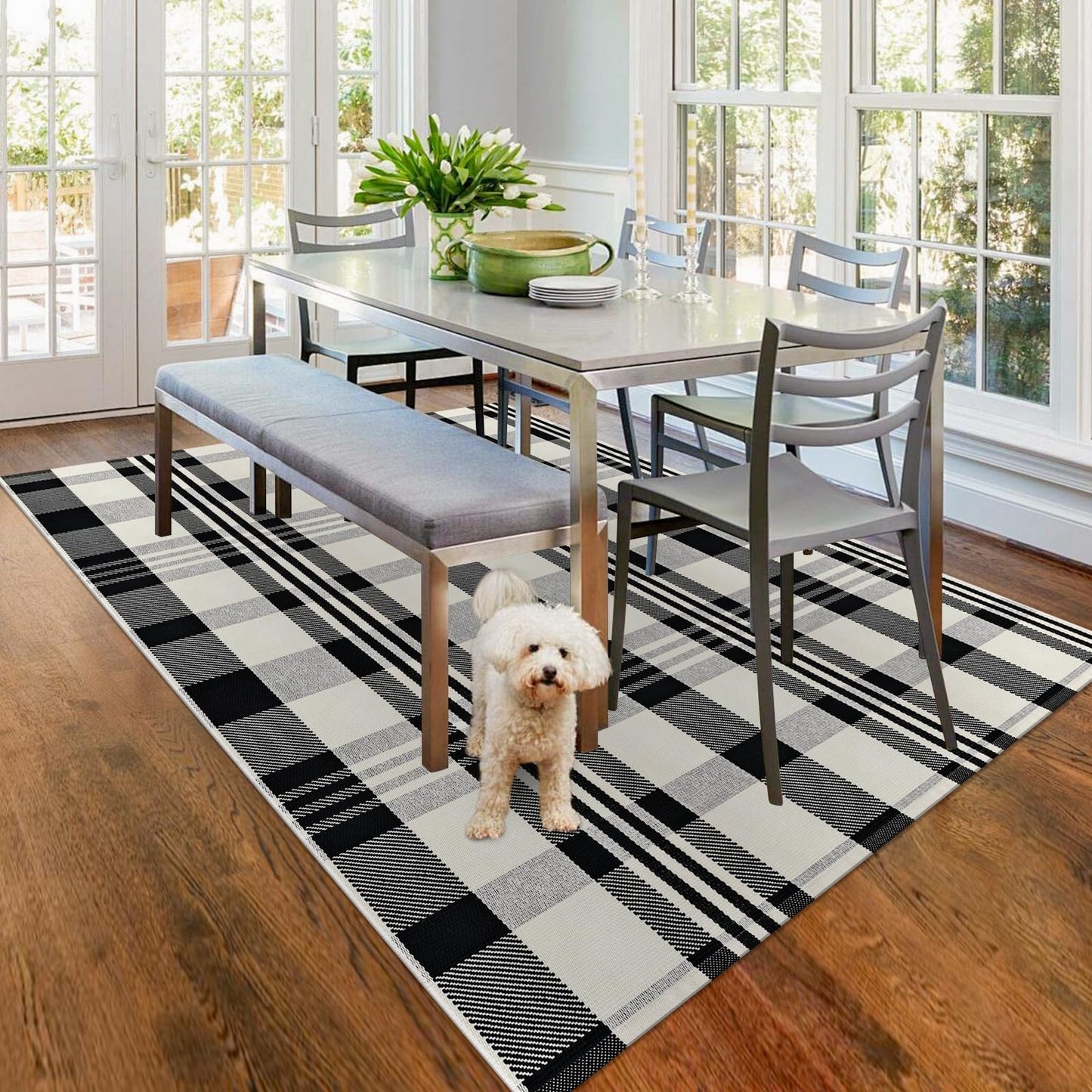 Fixseed Buffalo Plaid Checkered Rug 4'x6' Front Door Mat Outdoor,Black and Beige Cotton Washable Front Porch Rug Layered Doormats for Living Room Dining Room Bedroom Farmhouse