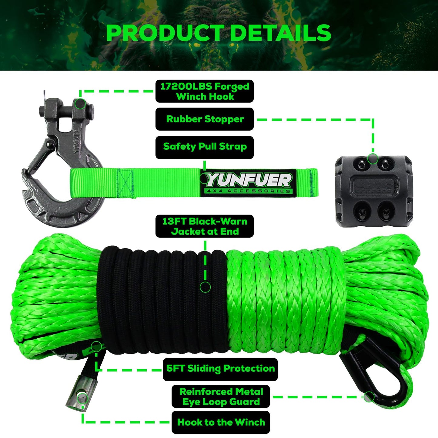 YUNFUER Synthetic Winch Rope Cable Kit, 1/4" x 50ft 10000LBS Green Winch Rope with Protective Sleeve, Forged Winch Hook, Rubber Stopper and Safety Pull Strap for ATV UTV (Green)