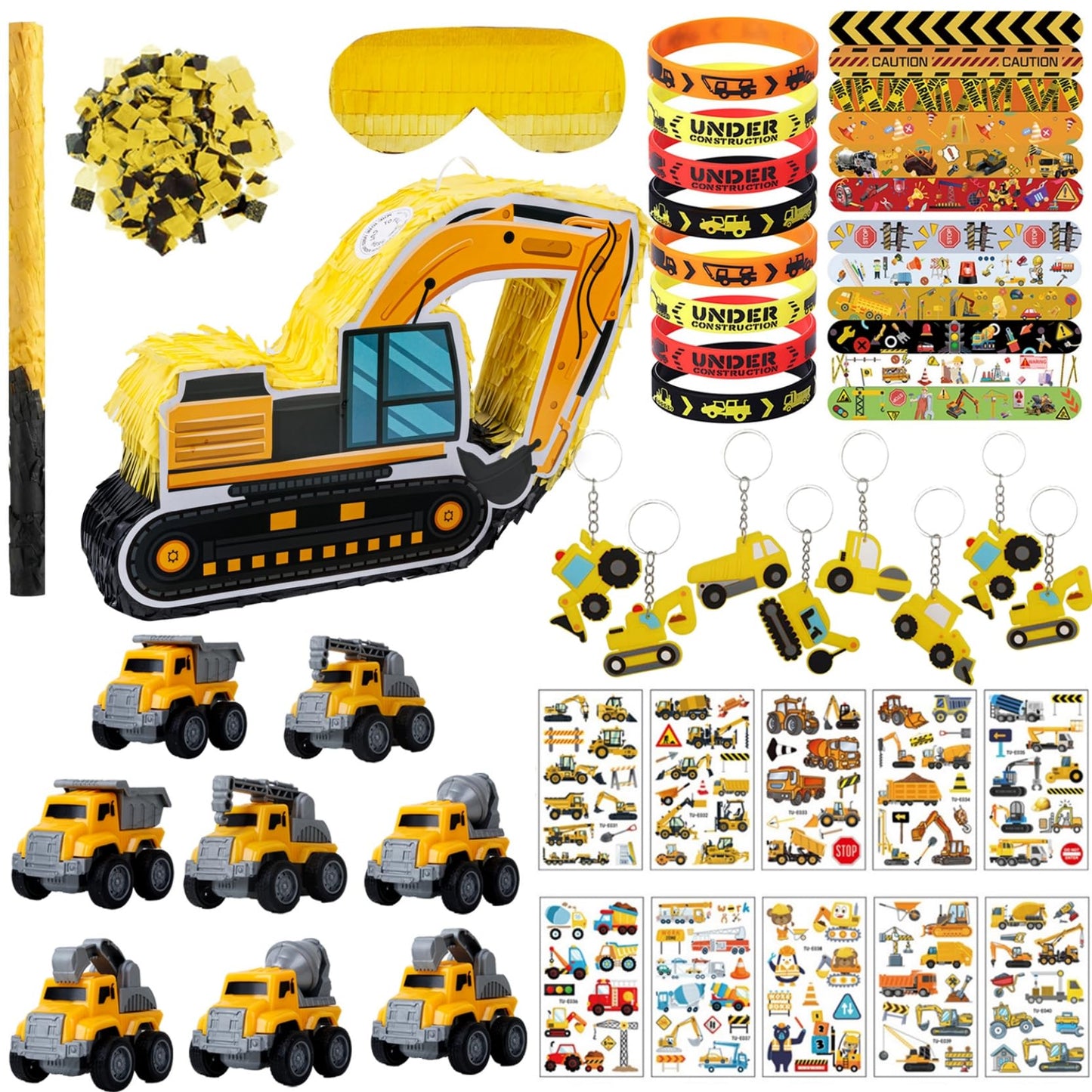 Construction Pinata Party Favors Construction Birthday Party Decorations for Boys Excavator Pinata Truck Party Supplies with Stickers Slap Bracelets Keychains Silicone Bands Mini Trucks (Construction)