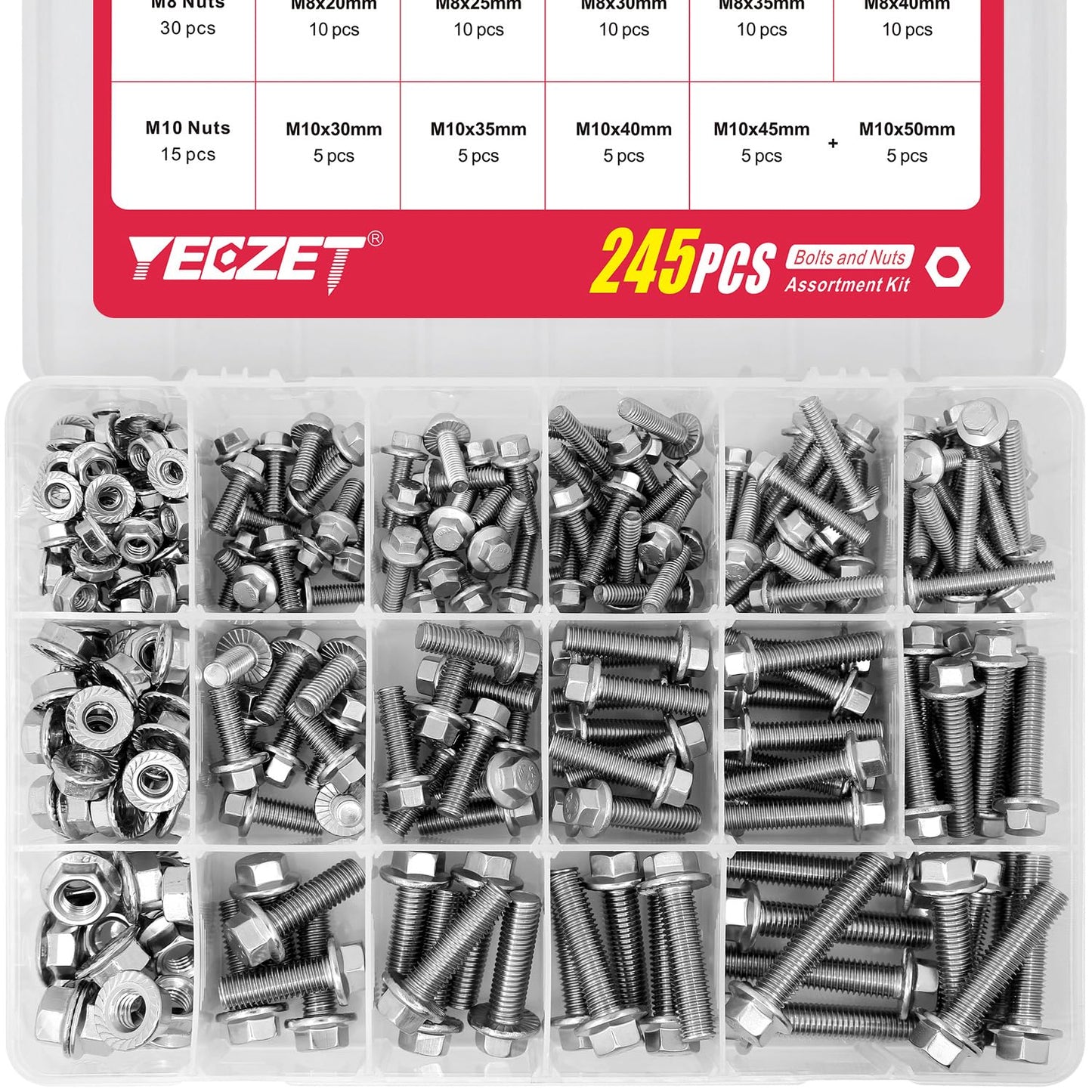 YEEZET 245PCS M6 M8 M10 Heavy Duty Flanged Bolts and Nuts Kit,Stainless Steel 304 Metric Flanged Hex Screws Nuts Includes 15 Most Common Sizes