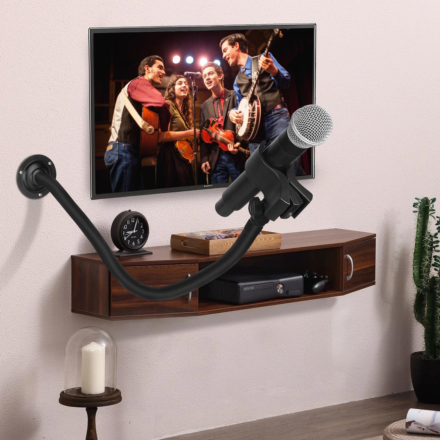 Microphone Holder - 23.6 inch Long Arm Gooseneck Desktop Mic Stand,Mic Arm Wall Mount,Metal Base Mic Clip 3/8" to 5/8" Adapter for Walls/Desk/Podium,Compatible with Shure/Fifine/AT2020/Pyle/Razer