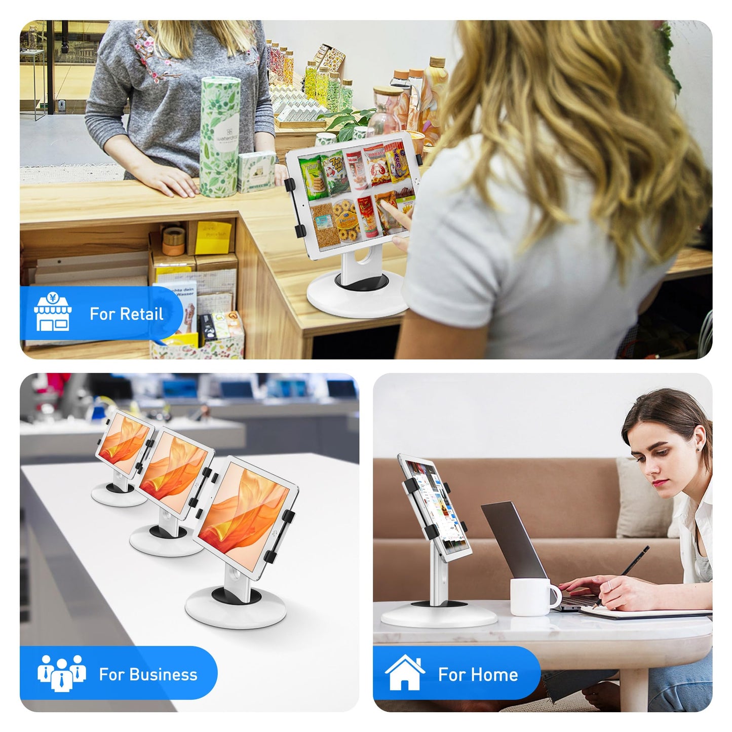 AboveTEK Retail Kiosk Tablet Stand, 360° Rotating Commercial Tablet Stand, 6-13.5" Business Tablet Holder, Swivel Design for Store POS Office Showcase Reception Kitchen Desktop (White)