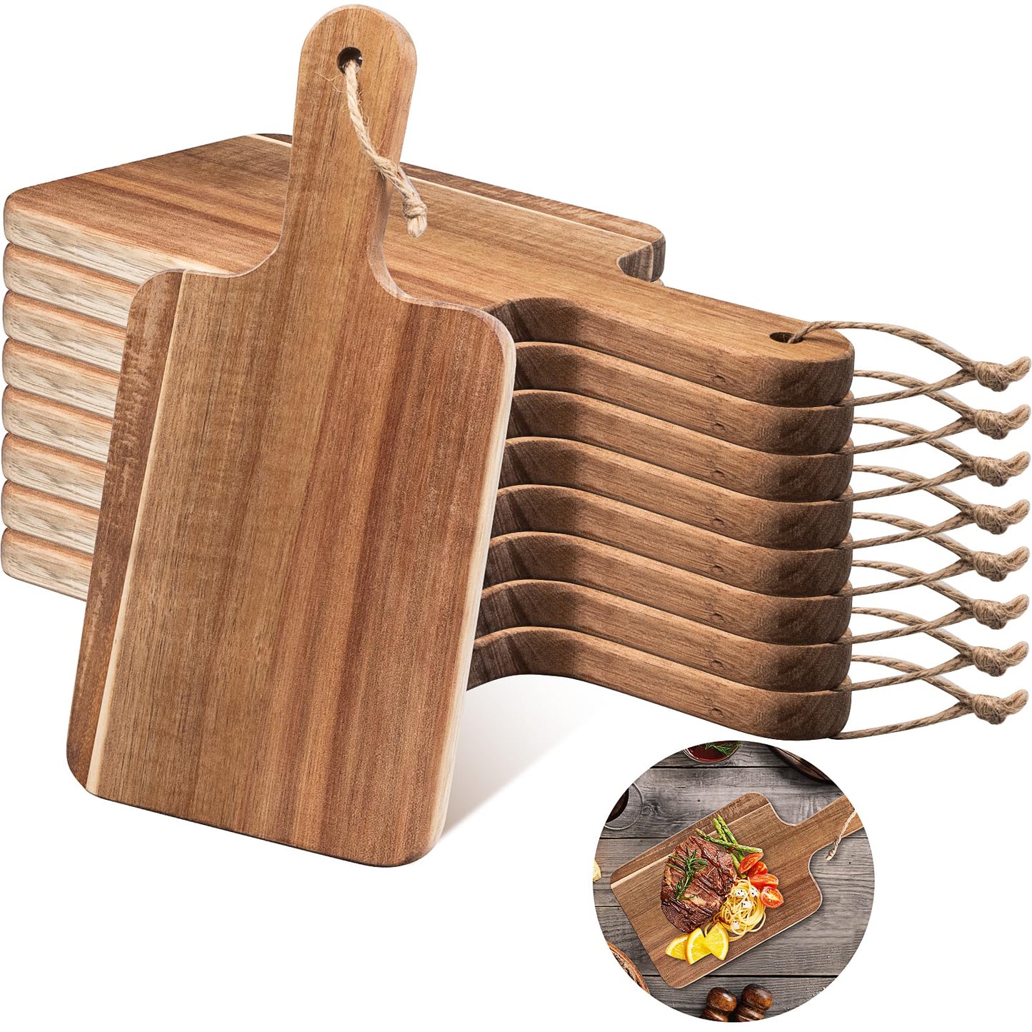 10 Pcs Acacia Wood Cutting Board with Handles, 12 x 6 Inch Charcuterie Boards Bulk Wooden Serving Trays for Cheese, Bread & Appetizer