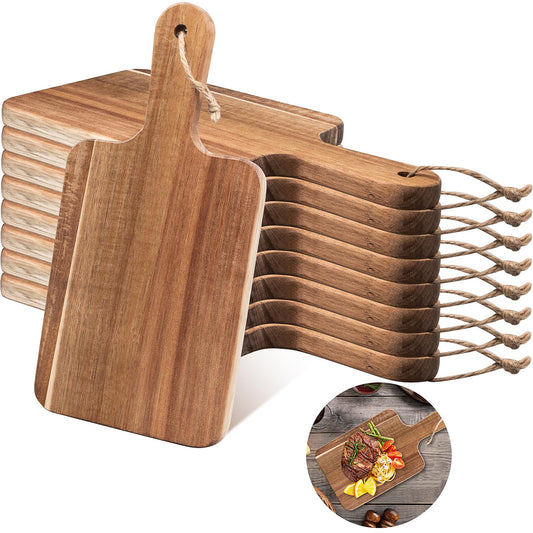 10 Pcs Acacia Wood Cutting Board with Handles, 12 x 6 Inch Charcuterie Boards Bulk Wooden Serving Trays for Cheese, Bread & Appetizer