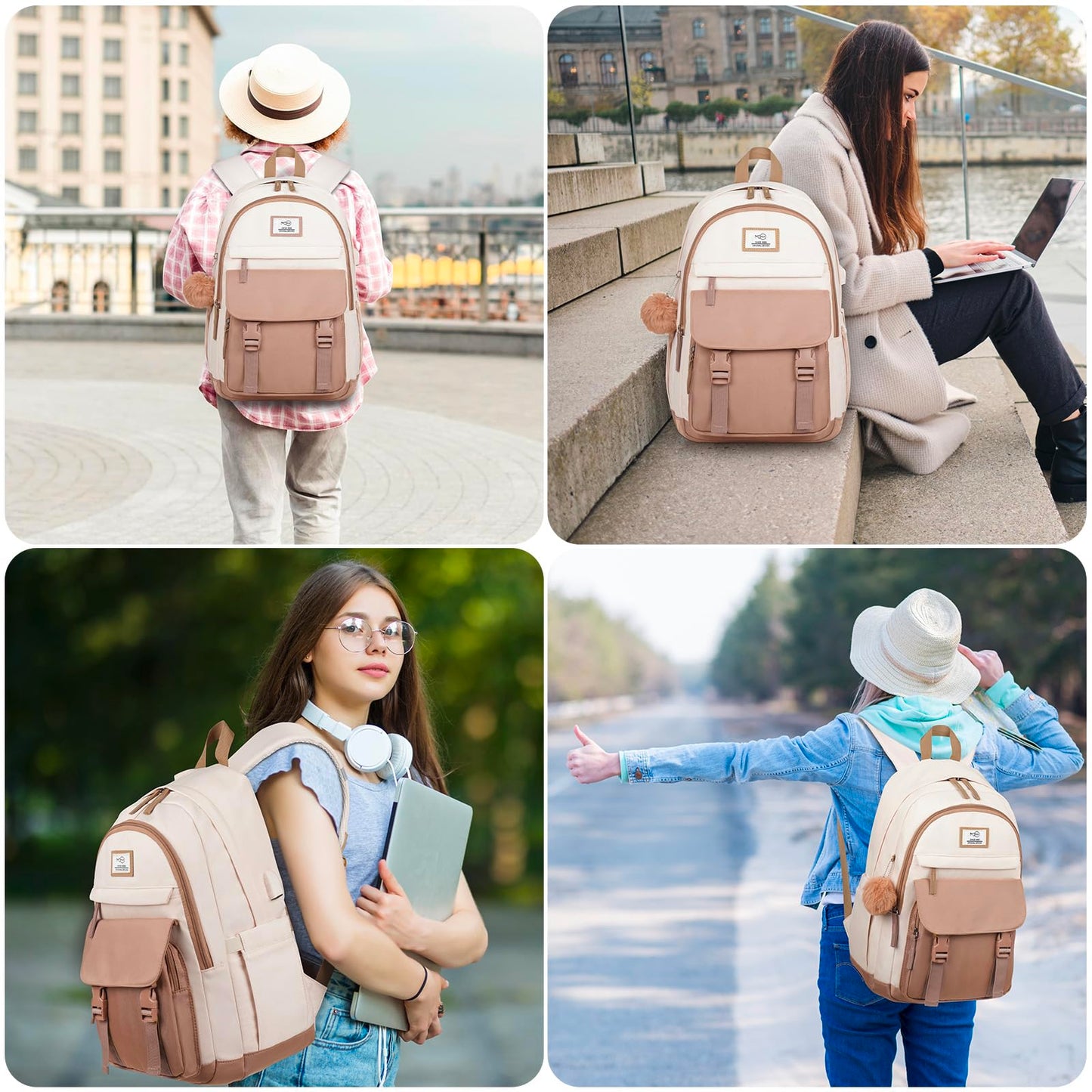 MOMUVO Backpacks for Teen Girls Women,15.6 Inch Laptop School Backpack Cute College Backpack Bookbag for Students,Beige Khaki