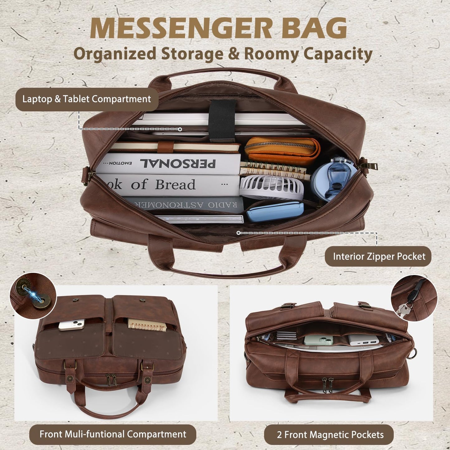 RAINSMORE Laptop Bag Men Messenger Bags Leather Briefcases for Men 16 Inch Computer Satchel Shoulder Bag for Work, Office, Business, College
