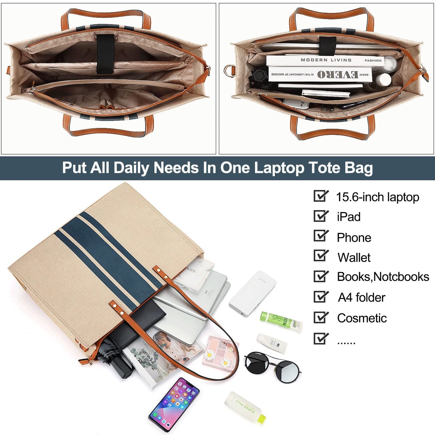 Laptop Tote Bag for Women 15.6 Inch Laptop Work Bag Large Capacity Canvas Computer Tote Bags Business Briefcase Shoulder Bag for Women Casual Beach Bag Perfect for Travel/Daily Use/Birthday Gift