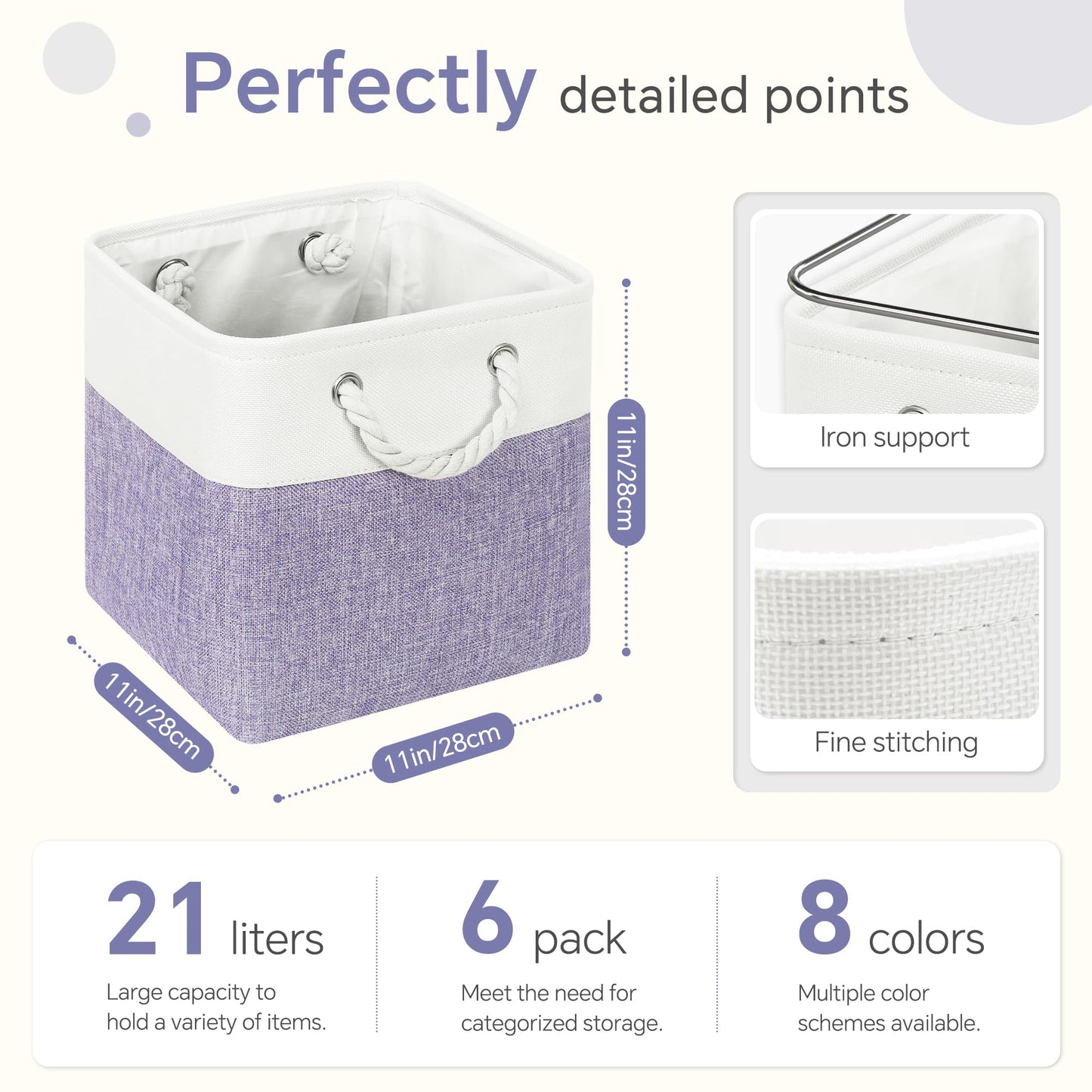 FinishingBo Cube Storage Bins, 6 Pack 11x11 inch with Cotton Handles for Closet, Shelves, Clothes, Towel (White/Purple-6 Pack)