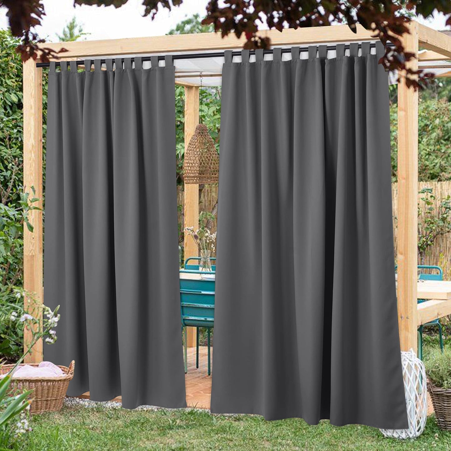 NICETOWN Patio Outdoor Curtains with Sticky Tab Top Waterproof - Light Block Vertical Drapes for Porch, Gazebo, Pergola Outdoor/Indoor Privacy Curtains 2 Panels, 84 x 84 inch, Grey