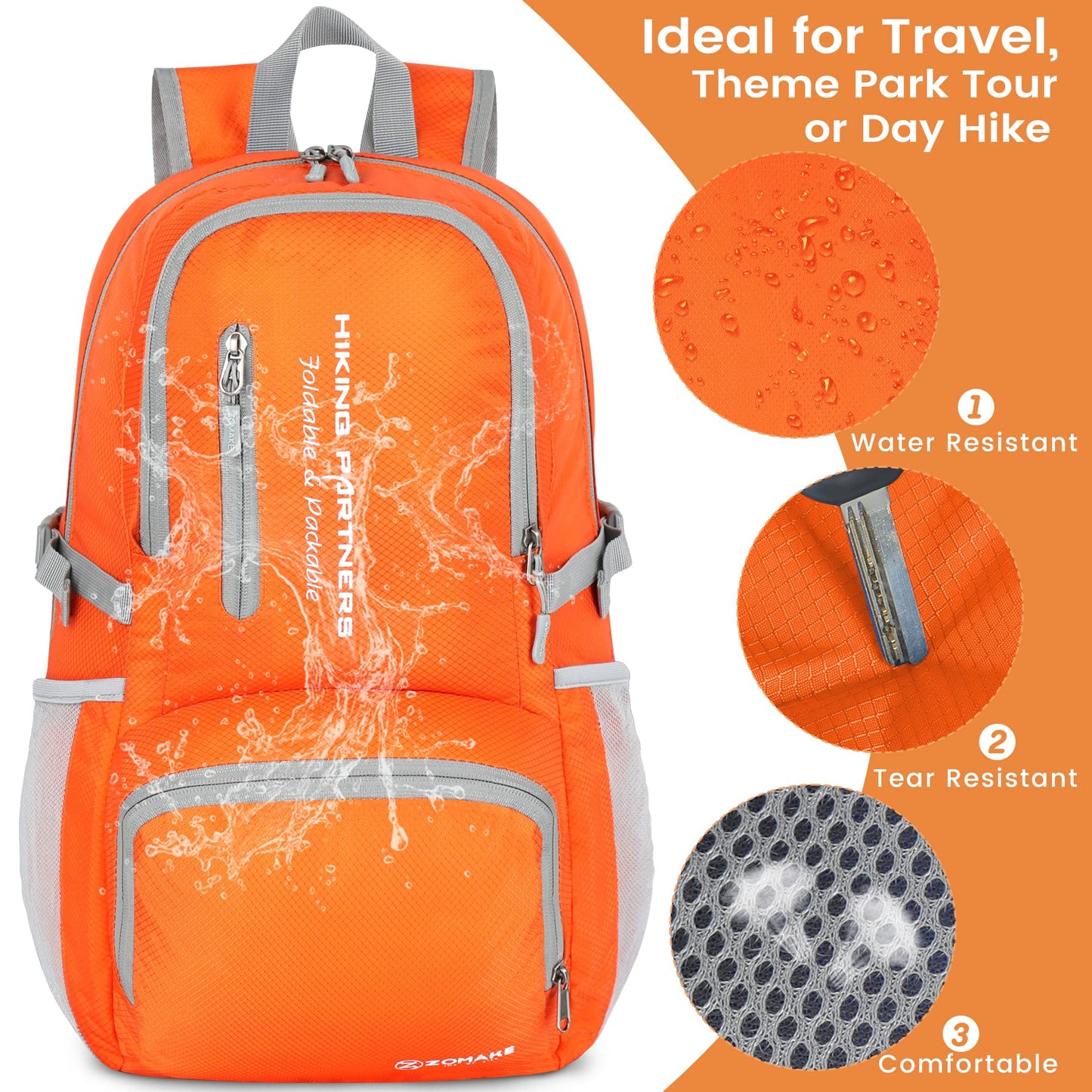 ZOMAKE Packable Hiking Backpack,Lightweight Foldable Backpack Light Daypack for Women Men,35L(Orange)