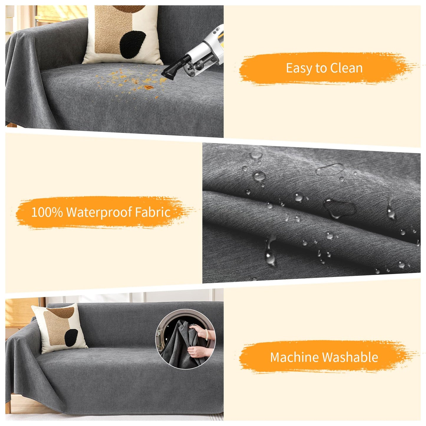 Deep Dream Cat-Scratch Resistant Couch Cover, Waterproof Sofa Cover for 3 Cushion Couch Washable, Pet Friendly Couch Protectors Anti Slip Love Seat Slipcovers for Dogs Pets,71" x 118",Dark Grey