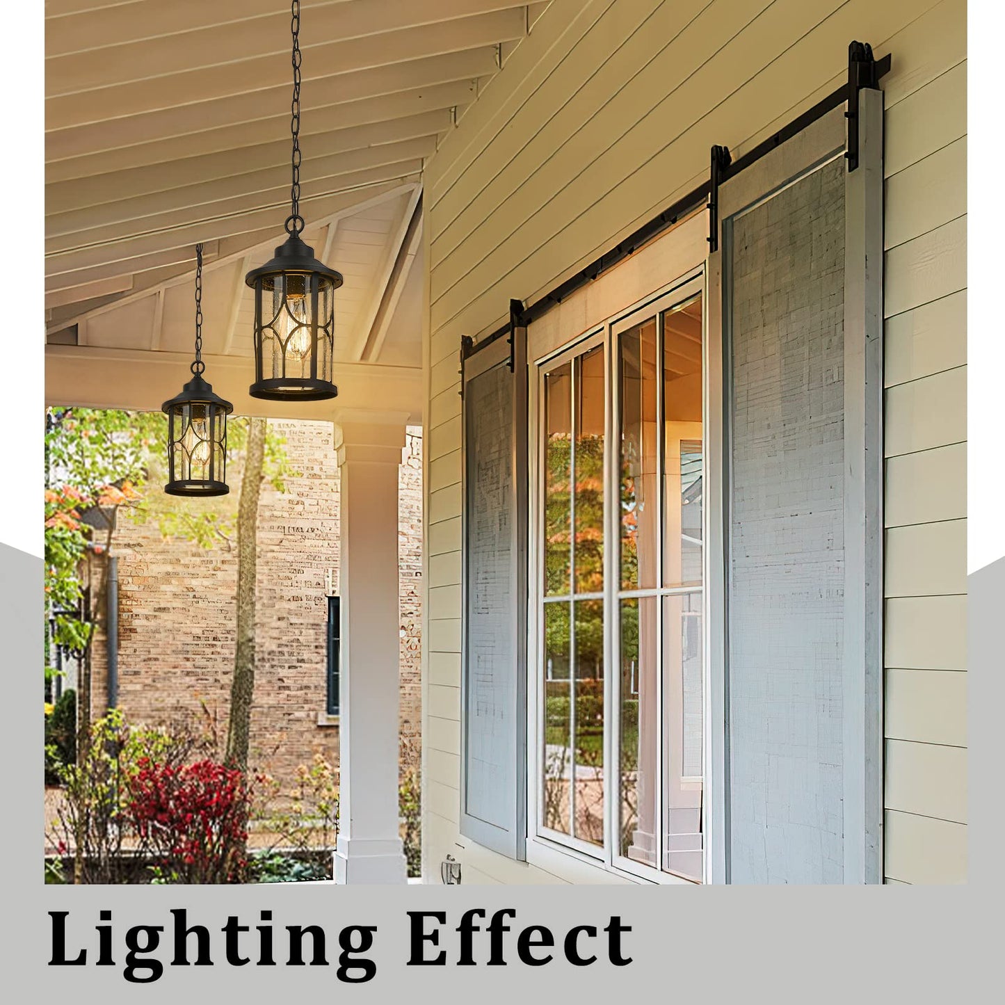 Zeyu Outdoor Pendant Light for Porch - 12 Inch Farmhouse Exterior Hanging Lantern with Seeded Glass, Black Finish, ZX48H BK