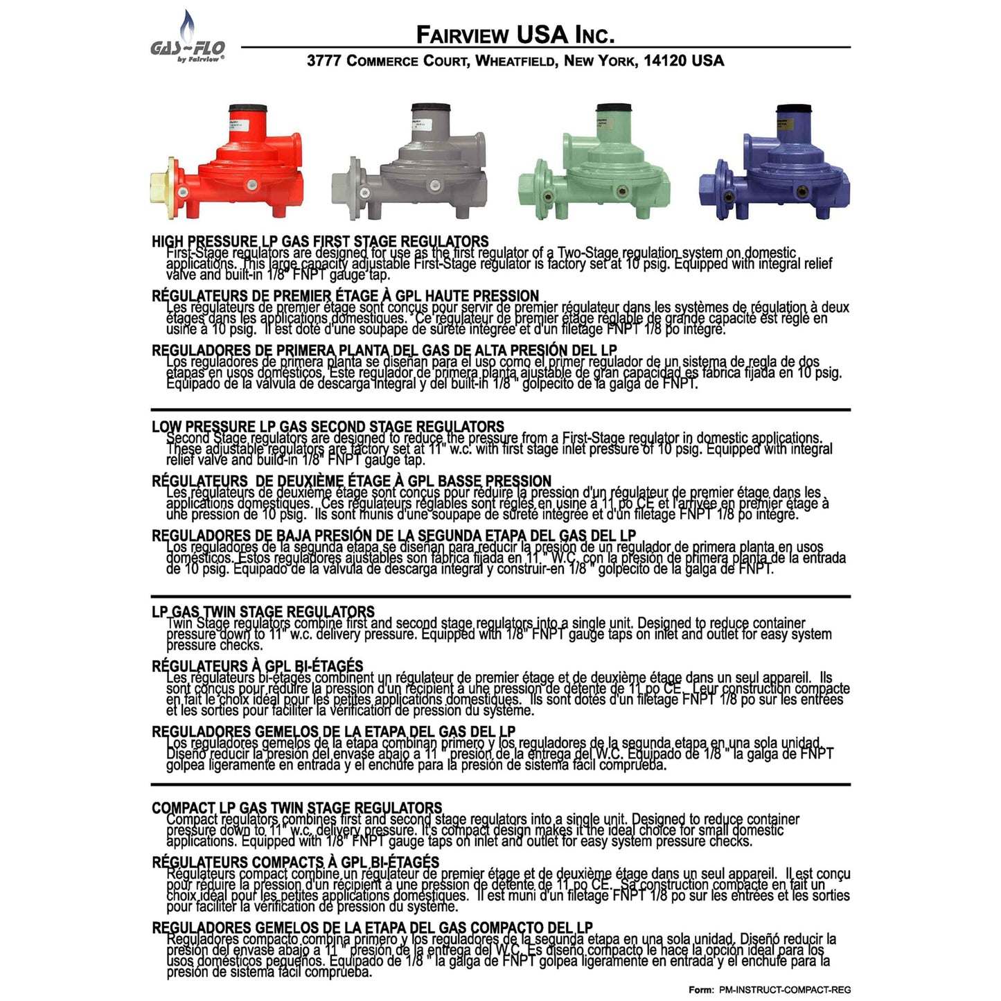 Fairview GR-9288C Compact Second Stage Low Pressure Propane Regulator