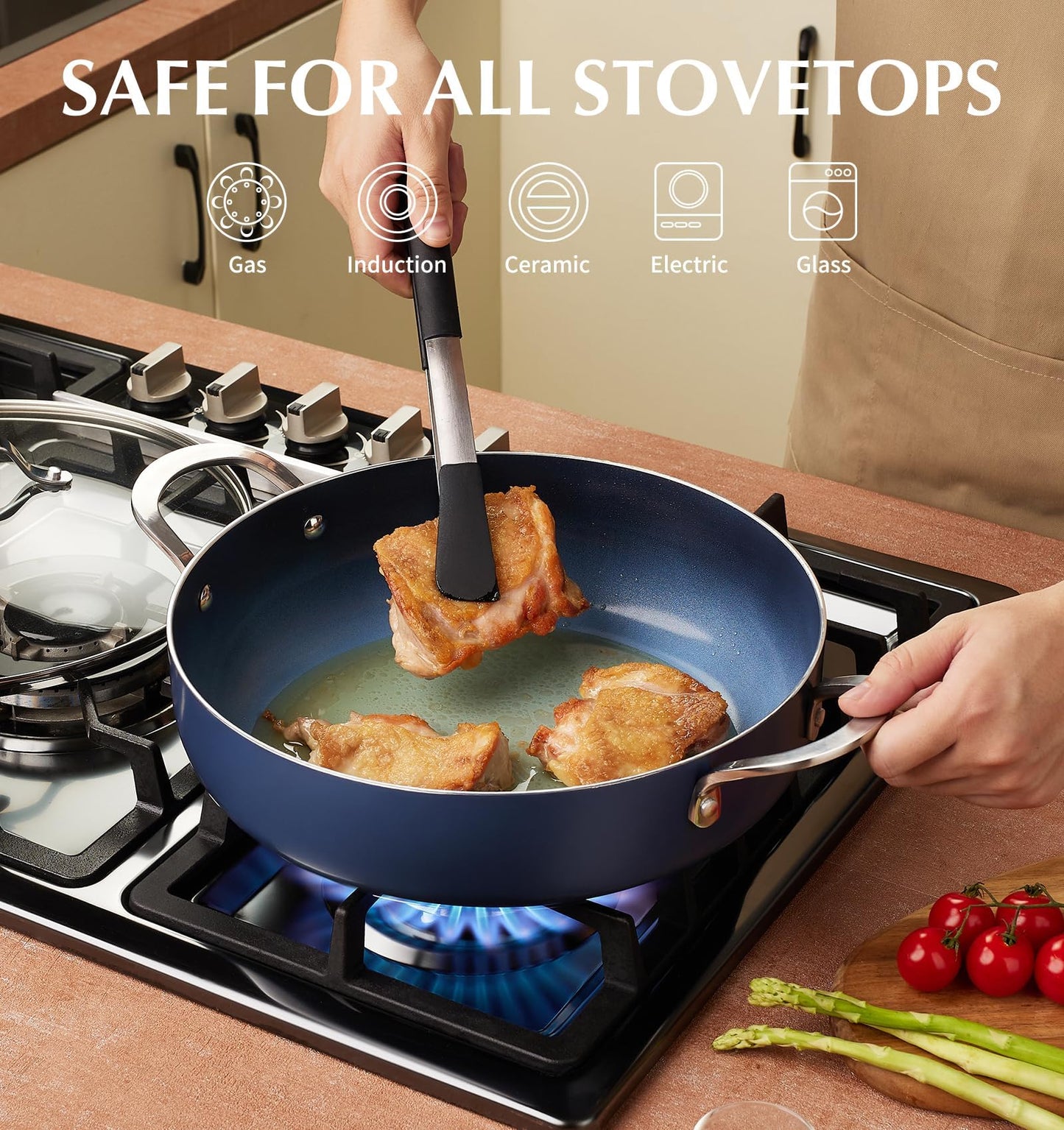 KOCH SYSTEME CS 12 Inch Nonstick Deep Frying Pan with Lid, 5.5 Quart Double Handled Saute Pan, Large Ceramic Skillet Pan, Dishwasher & Oven Safe, Induction Compatible, Toxin-Free, Blue