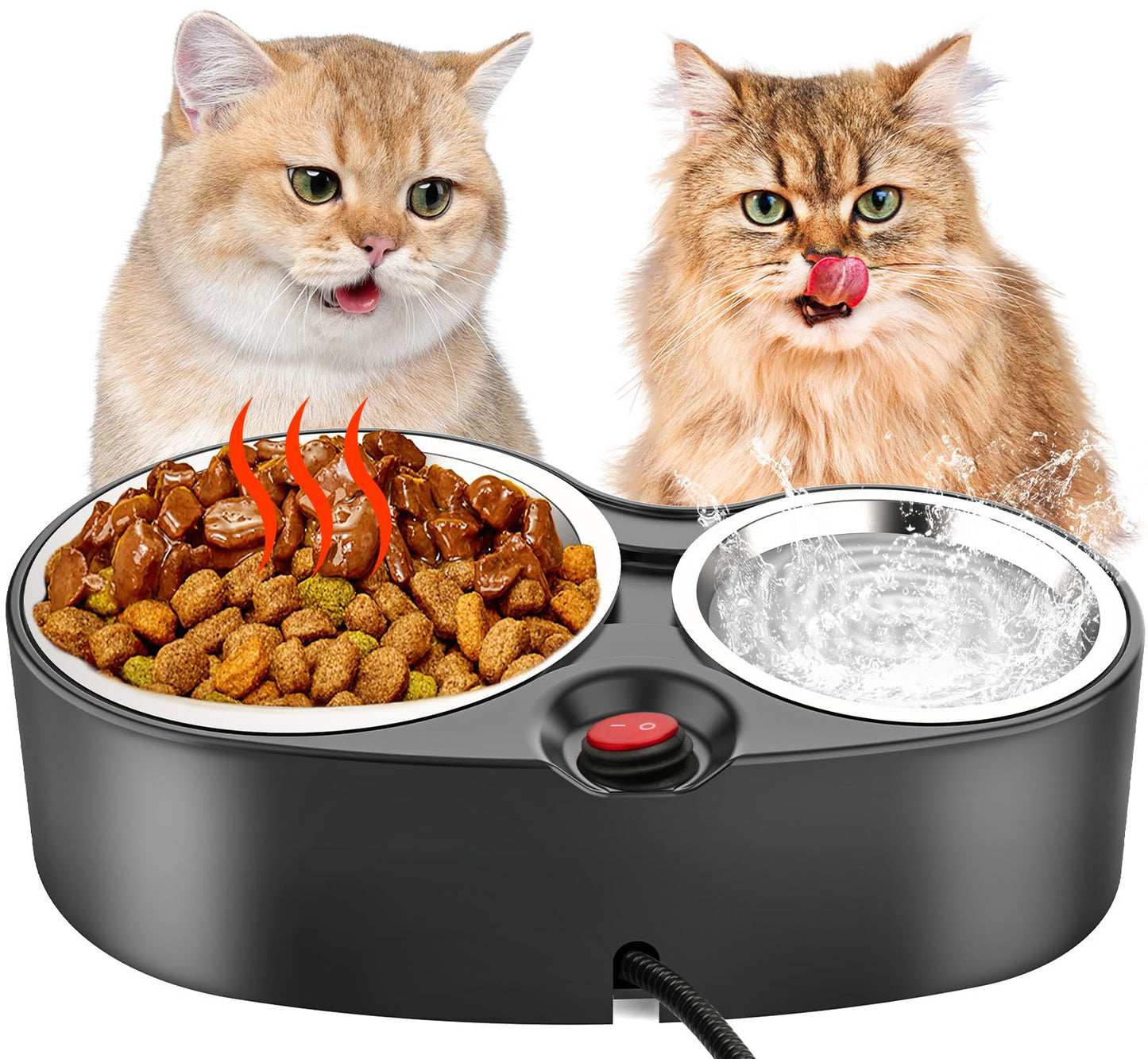 SwSun Heated Cat Bowl for Food & Water, Double Heating Cat Bowls Outdoor Heated Pet Bowl with 2 Stainless Steel Cat Bowls Heated Water Bowl for Feral Cat Feeding Station in Winter