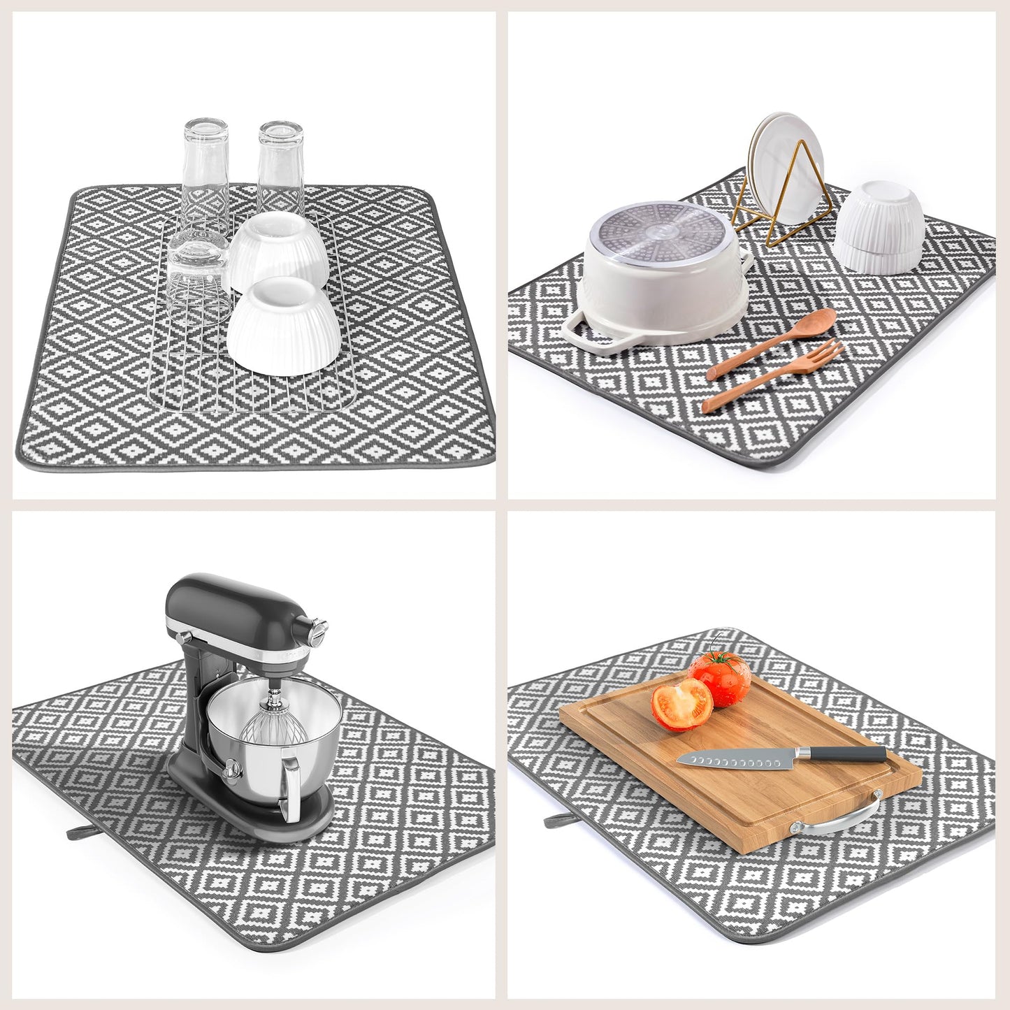 Subekyu 2 Pack Dish Drying Mat, 24 * 18 inch Ultra Absorbent Microfiber Dishes Drainer Mats for Kitchen Counter, Large Size Dish Drying Pad with Rhombus Patterns