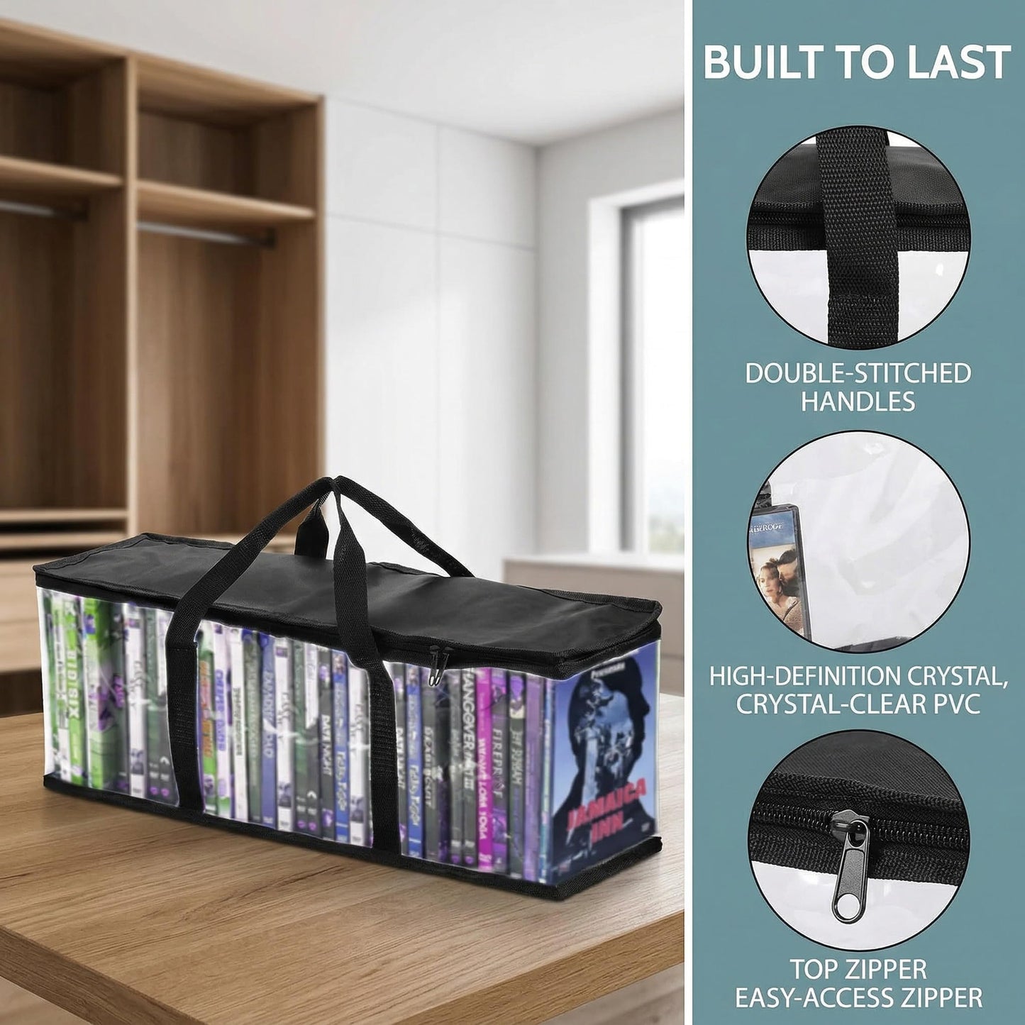 Fasmov 6 Pack DVD Storage Bags, Black, PVC & Polyester, Holds 240 DVDs (40 Each), Water Resistant, Easy Access, Reusable, 22" x 8.375" x 6.25" (L x W x H), Indoor Use, Media Storage