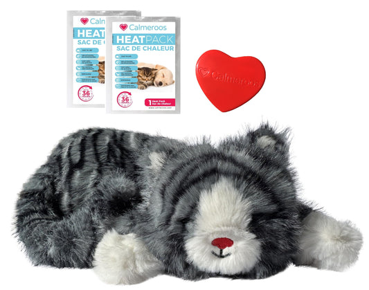 Calmeroos Plush Heartbeat Toy Canadian-Owned Company Sleep Aid Puppy Kitten Anxiety Relief Soother Dogs Cats Cuddle Calming Behavioral Aid for Pets (Grey Stripe)