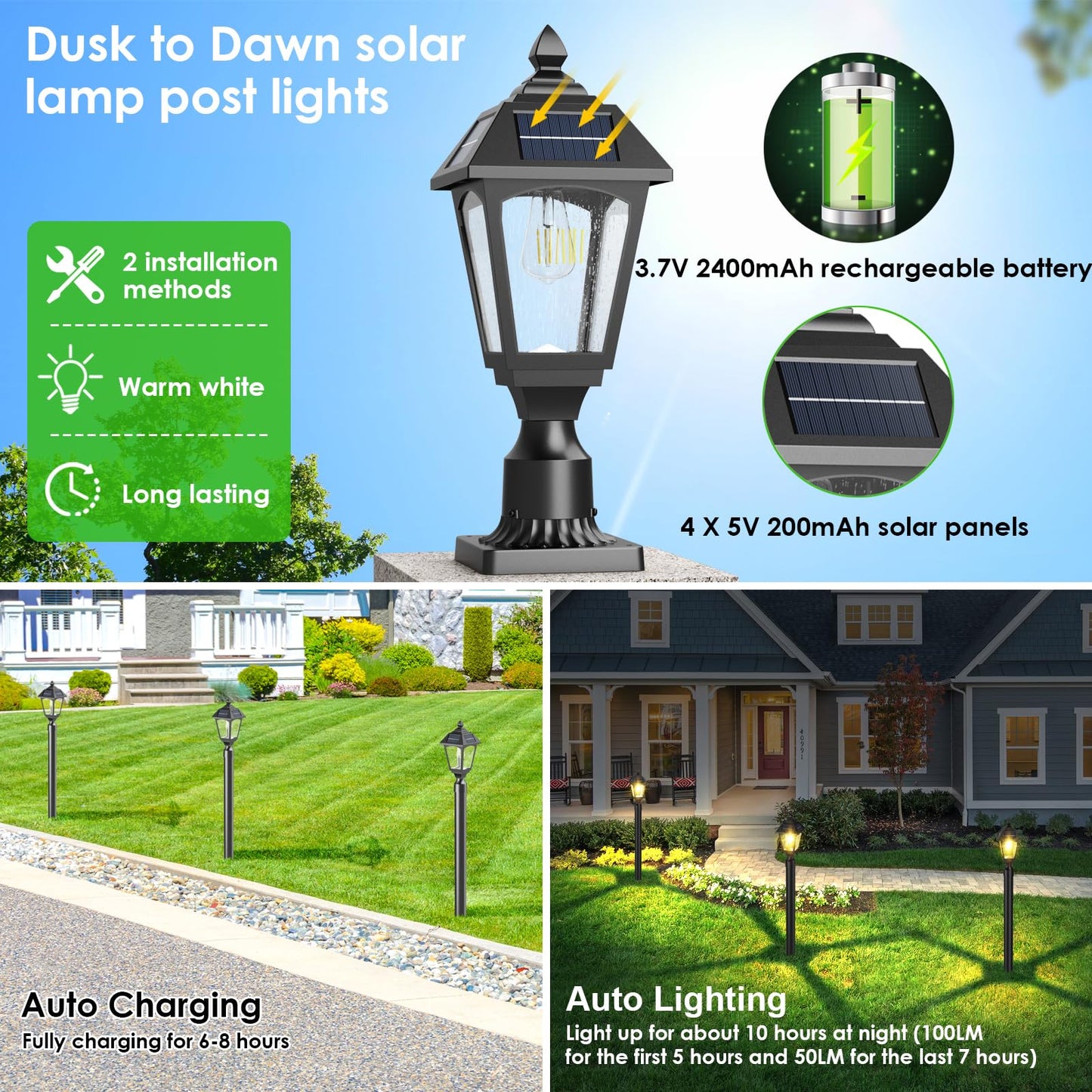 Benany Solar Post Lights Outdoor, Aluminium Solar Lamp Post Light with Pier Mount Base, Outside Decor for Yard Garden Pole Pillar, 100 Lumens (Warm White) ﻿