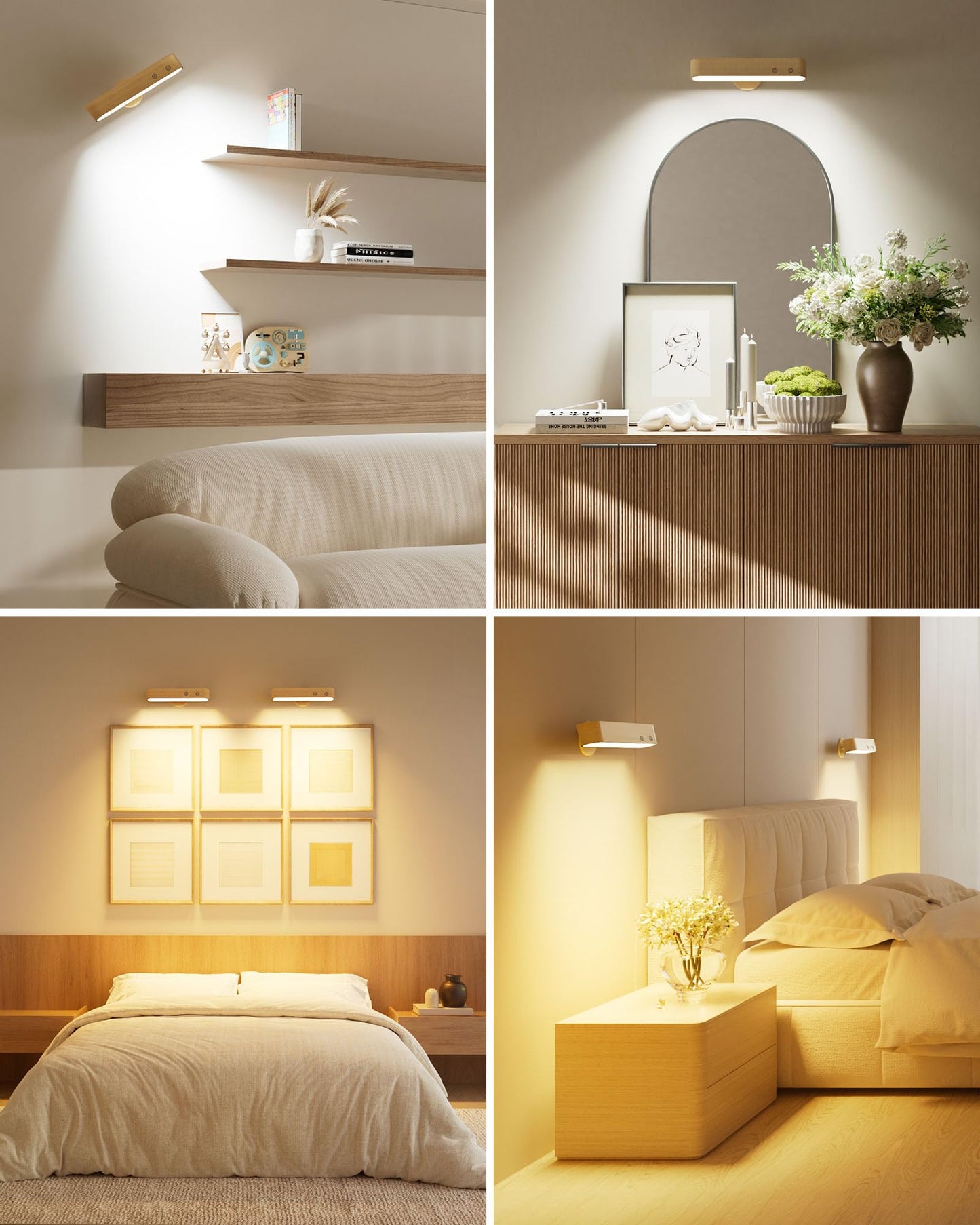 PopoIron Rechargeable 7500mAh LED Wall Sconces for Bedroom,Battery Operated Wall Lights with Remote Control and Touch,360° Magnetic Rotation,3 Colors Dimmable Wood Wall Lamps with 15 RGB Colors,2 Pack