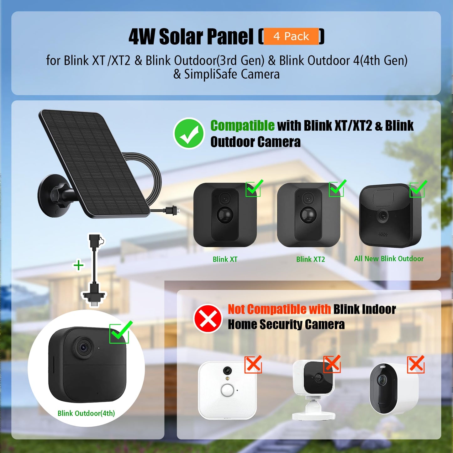Rhorawill 4 Pack Solar Panel for Blink Outdoor 4(4th Gen)/Blink XT/XT2 and Blink Outdoor(3rd Gen) XT3/Blink Outdoor Camera(Not Included),Blink Solar Panel with Mount 13.1ft Cable Rubber Plug