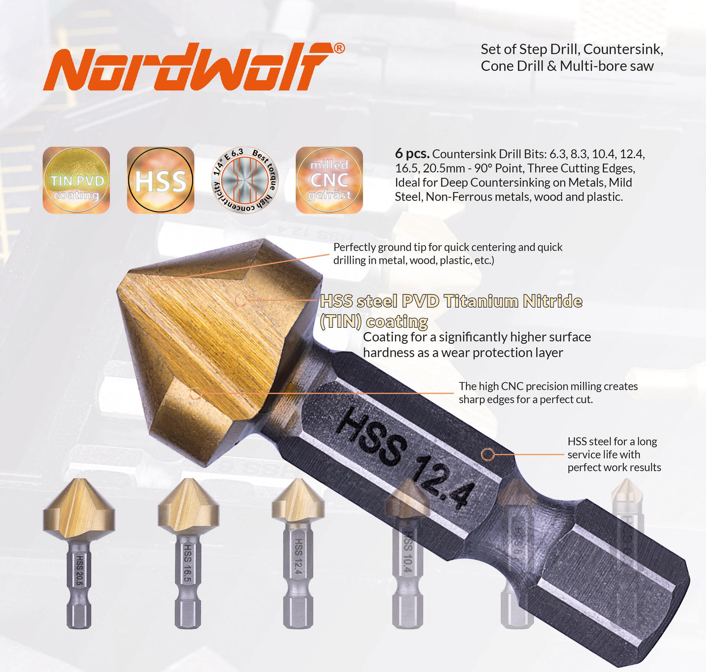 NordWolf 12-Piece HSS Titanium Metric Step, Countersink, Cone Drills with 1/4" Hex Shank, Multi Drill Saw & Automatic Center Punch Set in Storage Case