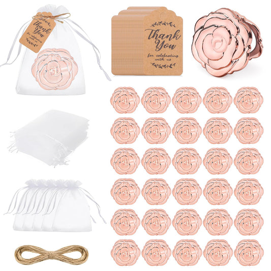 30 Set Rose Compact Mirror Bulk Wedding Favors, Bridal Shower Party Favors for Guests Rose Shape Portable Folding Mirrors with Thank You Tag and Organza Bag (Gold)