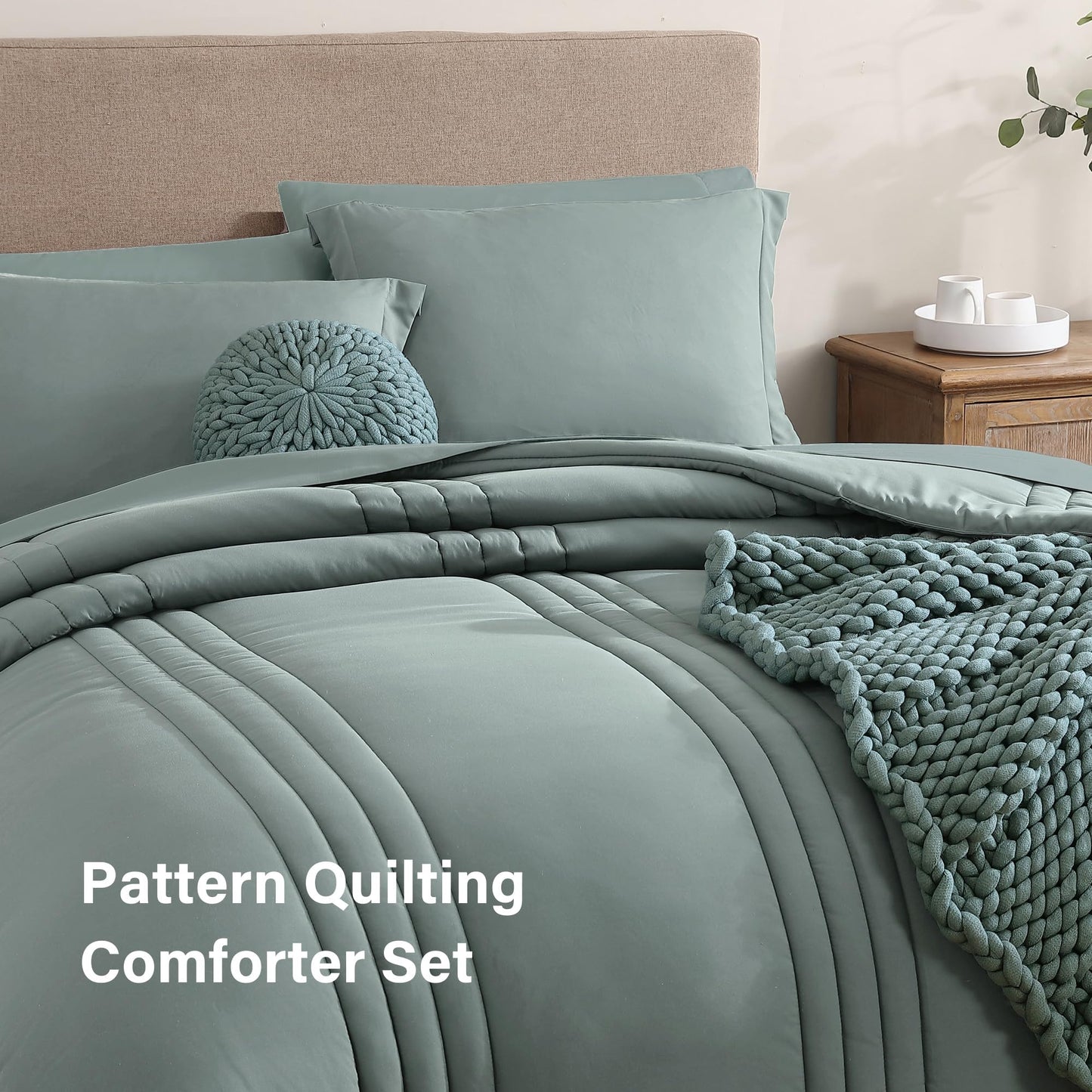 Monbix Queen Comforter Set - 7 Pieces Sage Green Bed in a Bag Queen Bedding Sets with Comforters, All Seasons Down Alternative Comforter Bed Set with Sheets,Pillowcases & Shams