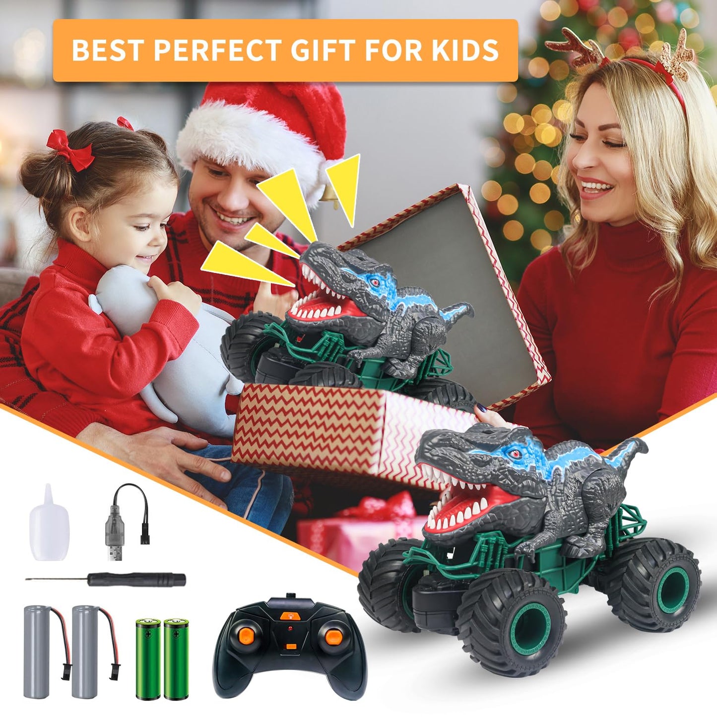 ZDCZ Dinosaurs Toys for Kids, Remote Control Cars Toy 3 4 5 6 7 8-12 Year Old Hobby Dinosaur Truck with Music, Lights,Spray, 2.4GHz All Terrain Rechargeable Electric Toys Gifts for Boys
