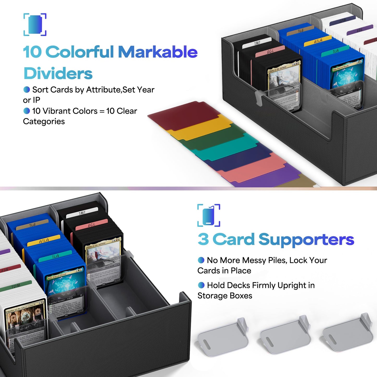 UAONO Trading Card Storage Box, Holds 1800+ Sleeved Cards with 10 Dividers & 3 Stoppers, Card Organizer for TCG/Magic/Mtg storage and Collection, 3-Row Black&Gray