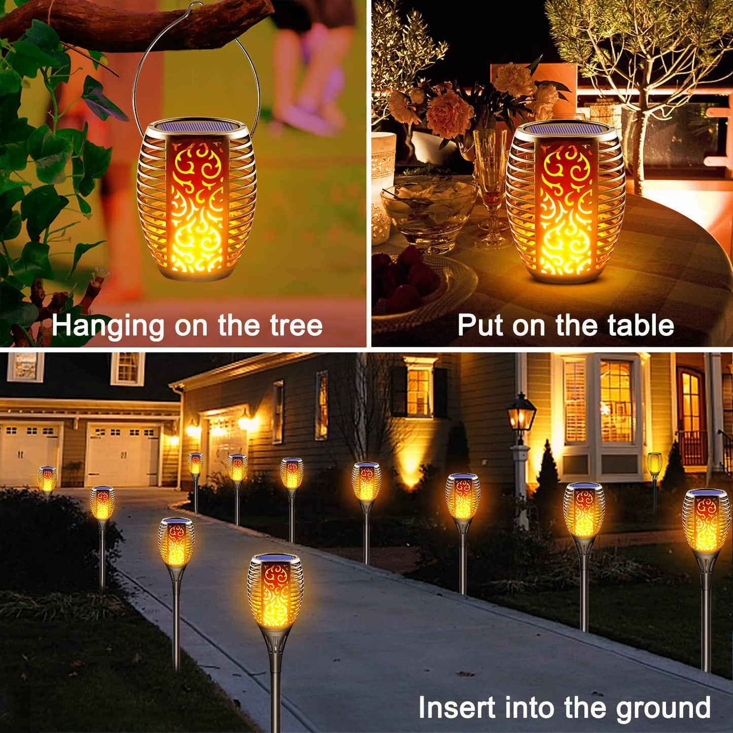 LazyBuddy 8 Pack Large Solar Tiki Torches Outdoor Waterproof - Realistic Flickering Flame 3-in-1 Hanging Lantern with Detachable Hook - All-Weather Canadian Garden, Pathway & Halloween Lights