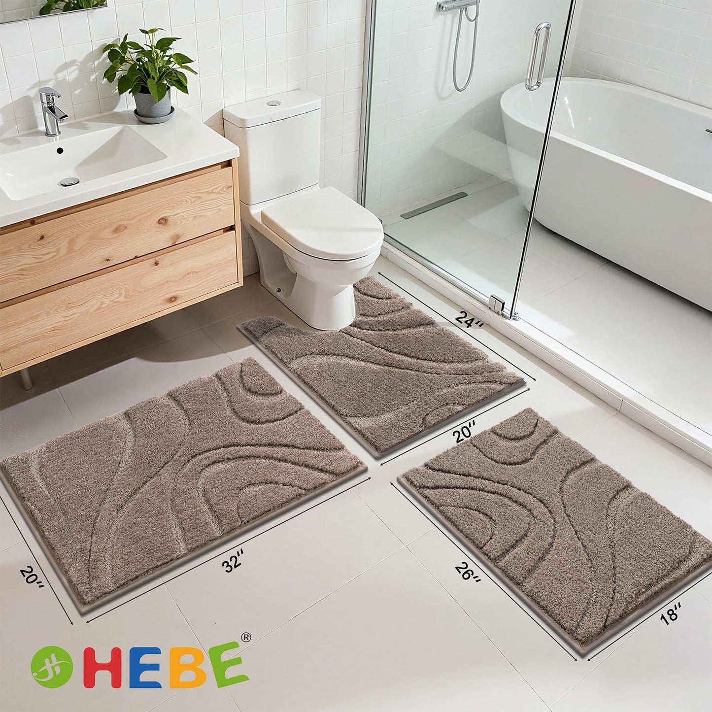 HEBE Microfiber Bath Mat Set 3 Piece, Ultra Absorbent Bathroom Mat, Non-Slip Plush Shaggy Bathroom Rug, Machine Washable Bath Mats for Bathroom Floor, Tub and Shower, Brown