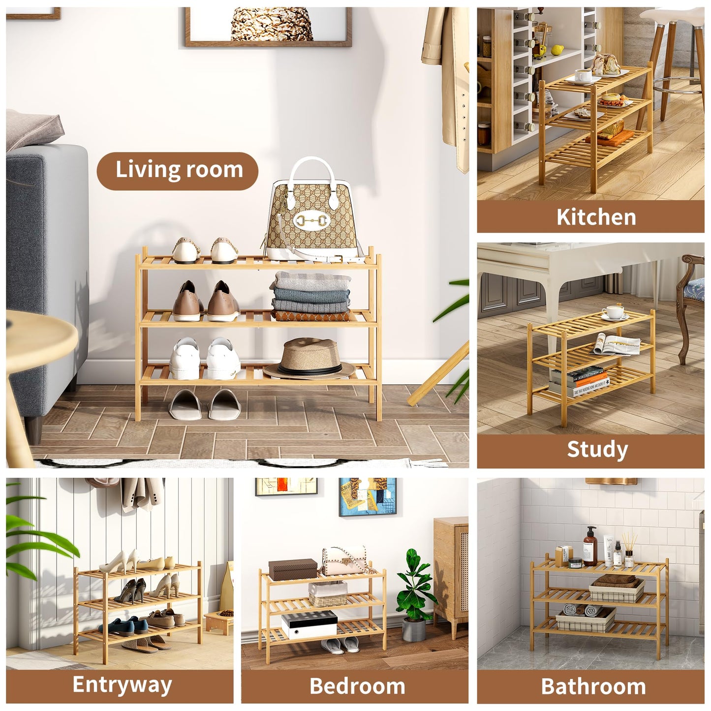 FILWH Bamboo Shoe Rack Stackable Shoe Shelf Storage Organizer for Unit Entryway Hallway and Closet Sturdy Freestanding Shoe Shelf (Natural, 3-Tier/27 * 11 * 18.3IN)