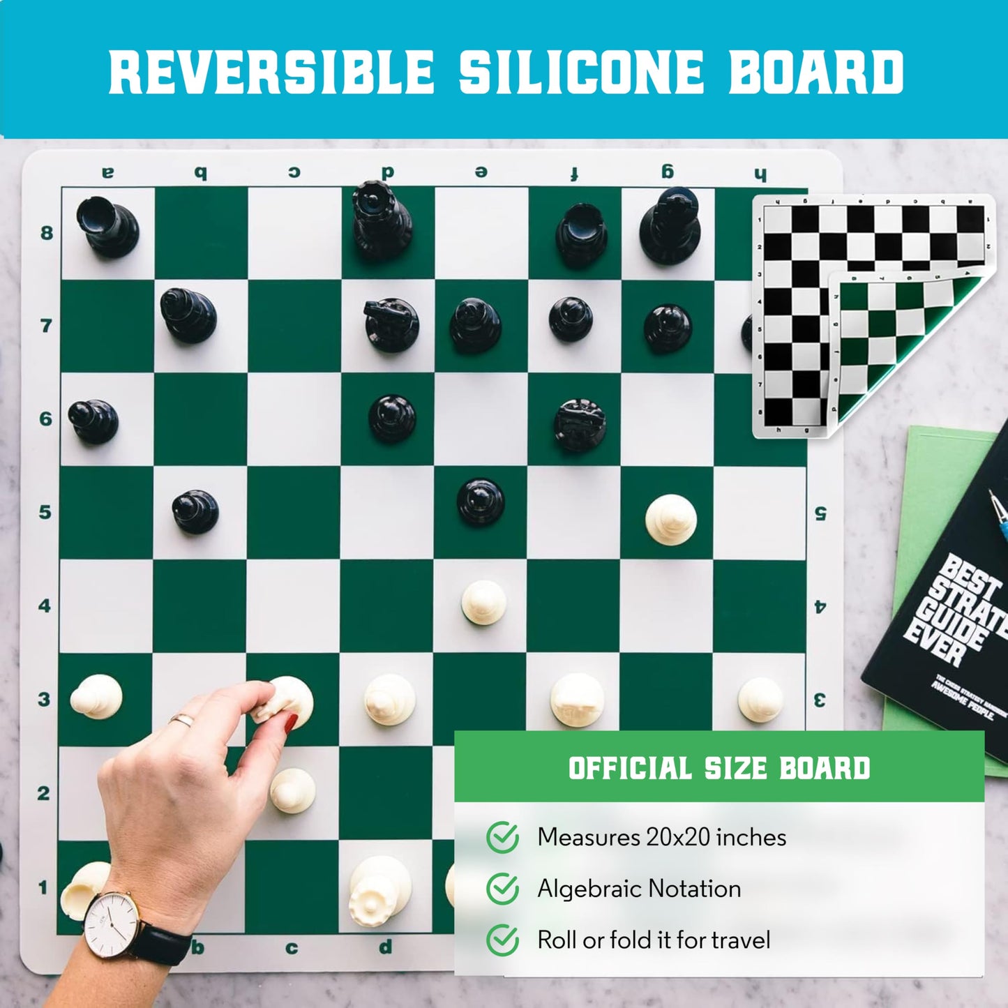 Best Chess Set Ever 3X Triple Weighted Tournament Size Chess Board Set (4" King) Large Staunton Modern Pieces, 20x20 Big Double-Sided, Roll Up Silicone Mat, Professional Chess Game for Kids & Adults