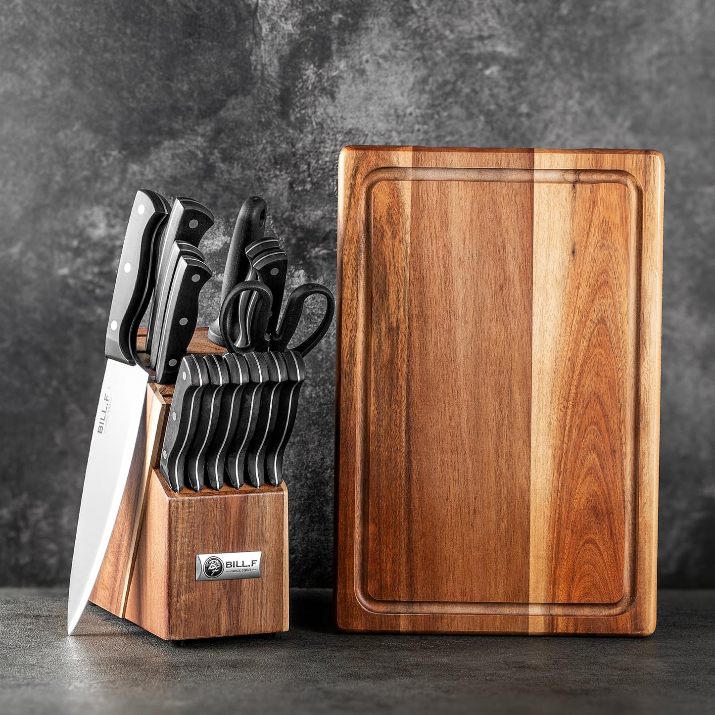 Knife Block with Kitchen Knives Set and Wood Cutting Board with Groove, Stainless Steel Knife for Kitchen Chef Knife Set and Steak Knives Set of 6 with Wood Block (16 Pieces)