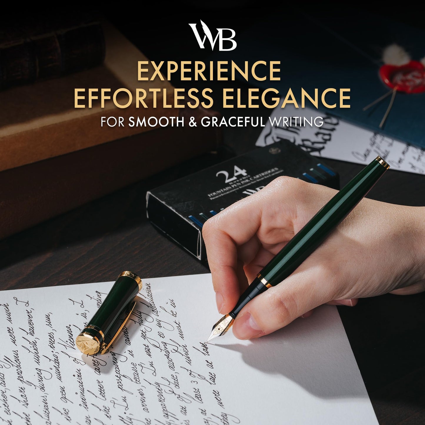 Wordsworth & Black Fountain Pen Set, Medium Nib, Includes 24 Ink Cartridges and Ink Refill Converter, Gift Case, Journaling, Calligraphy, Smooth Writing Pens [Racing Green], Perfect for Men and Women