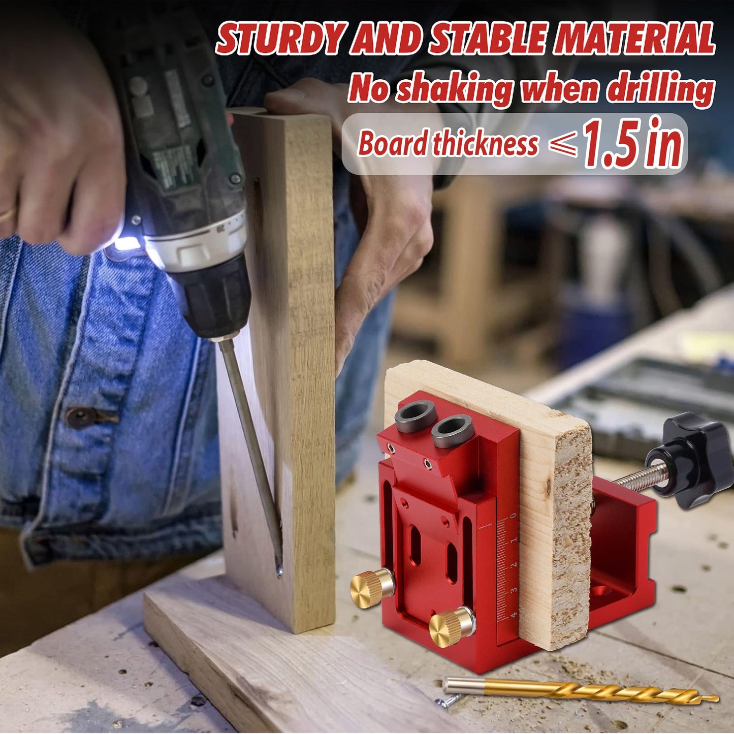 Pocket Hole Jig Kit for Beginners, Adjustable 15° Aluminum Woodworking Jig with Depth Stop & Dual-Scale Slider, Includes Drill Bit, 3-in-1 Hole Jig Kit for Cabinets, Furniture & DIY Table Leg Assembly