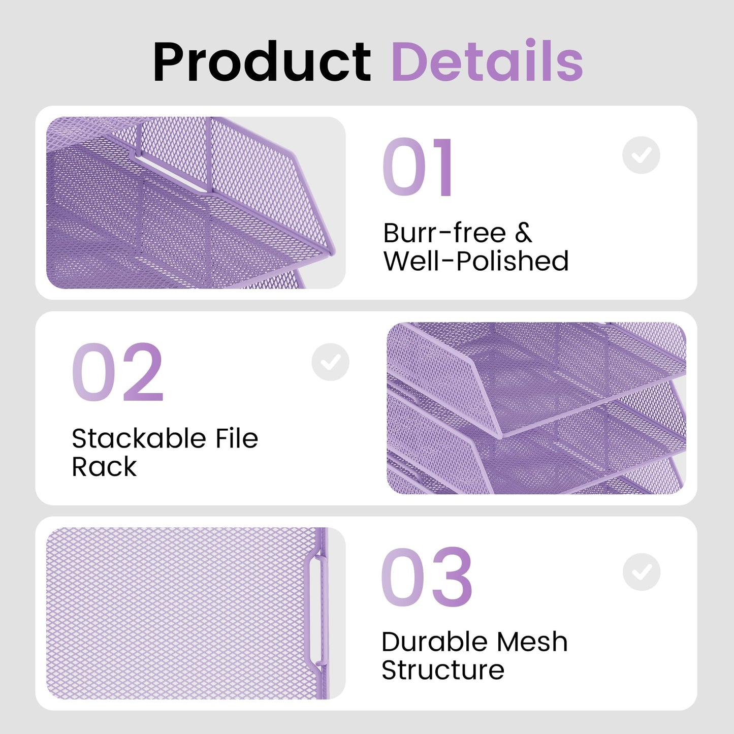 Marbrasse Desk Organizer with 1 Pen Holder, 5-Tier Stackable Paper Tray, Metal Mesh Desk Organizers and Storage for A4 Document, Paper Sorter, Letter Trays for School, Home, Office(Purple)