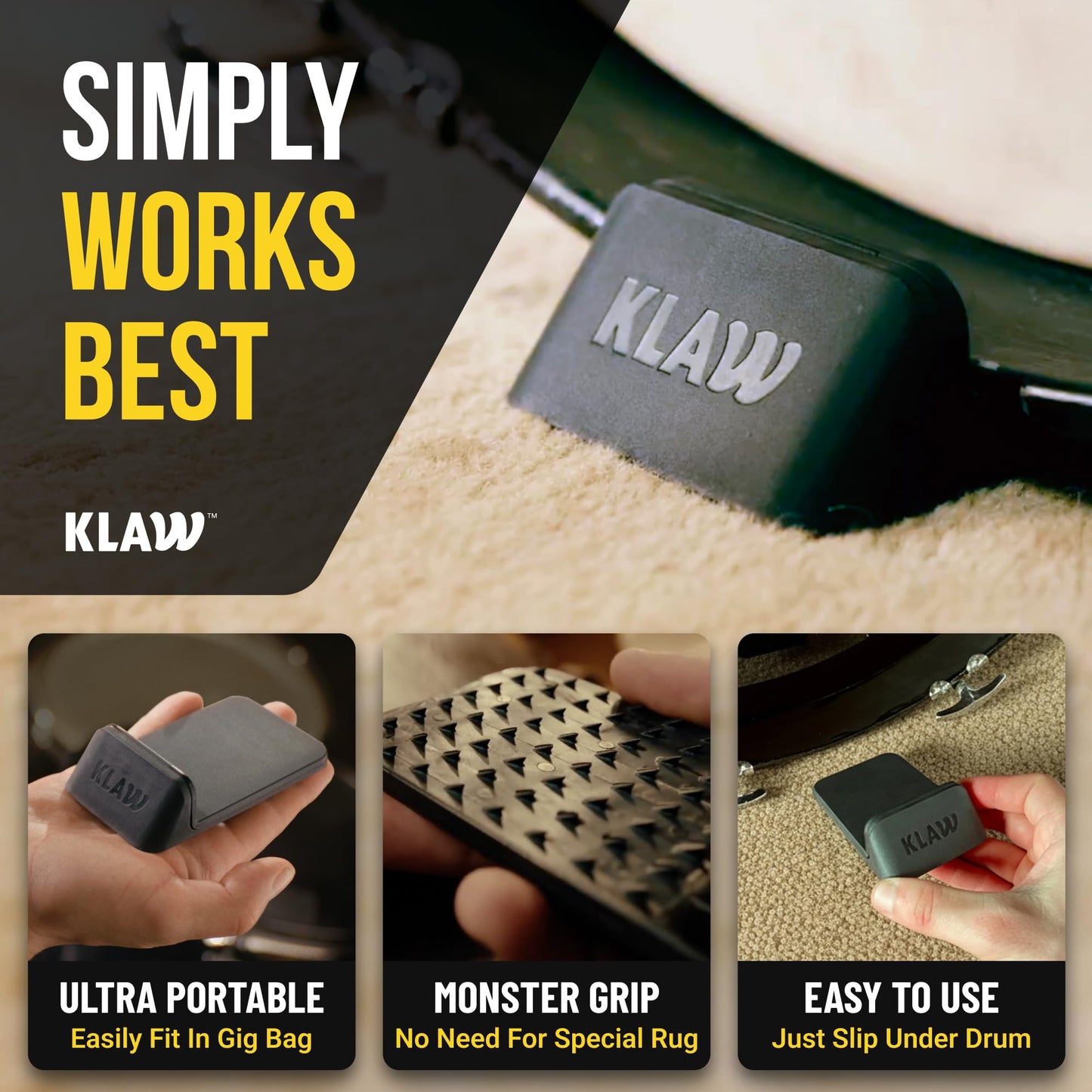 KLAW Bass Drum Rug Anchor - Completely Stops Drum Creep | Works on Every Drum Mat, Drum Rug & Carpet | Pocket Drum Accessories For Kick Drums | Gift Ready Drum Set Brake Accessory (Black, Regular)