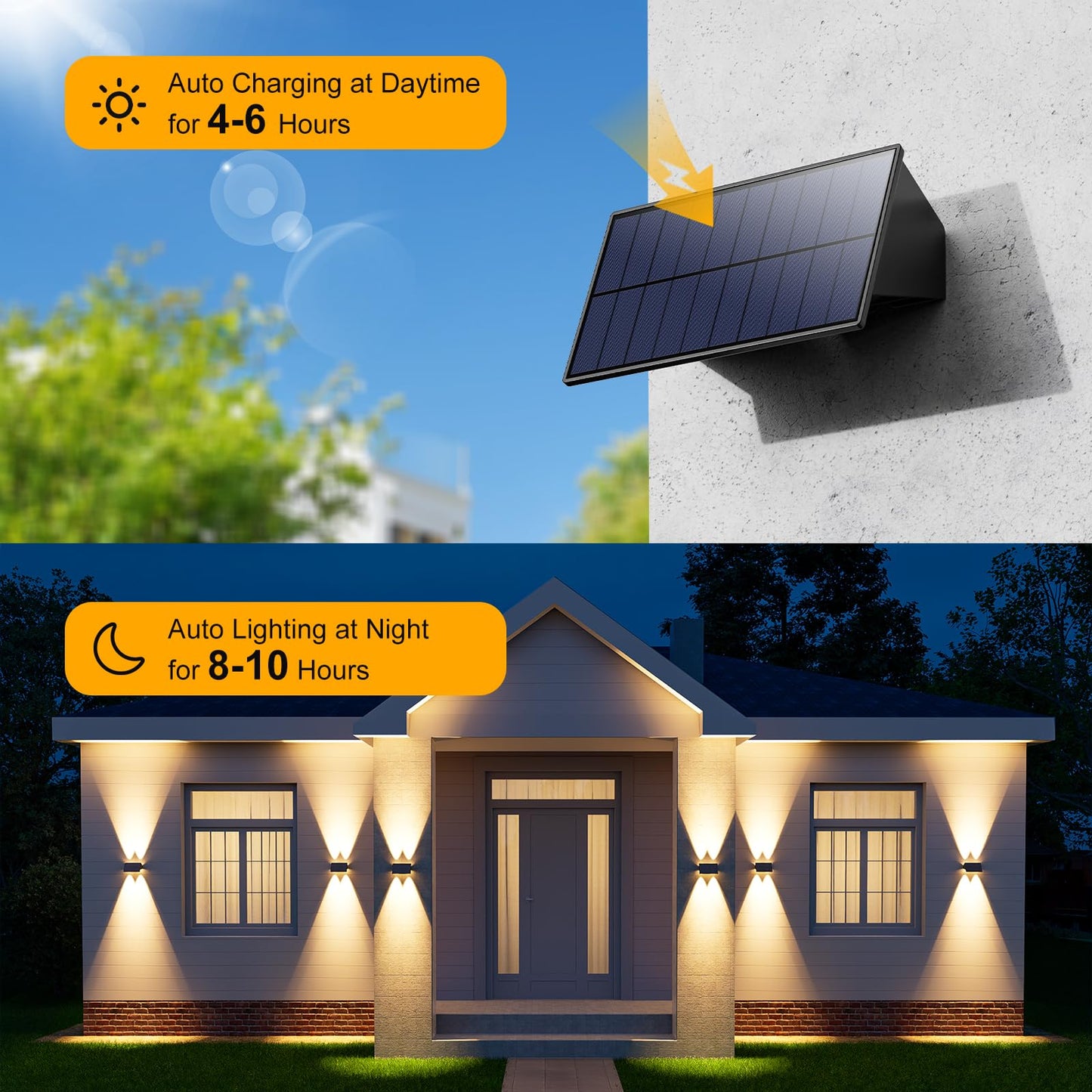 4 Pack Solar Powered Wall Lights for Outside Up and Down Fence Mount LED Outdoor Decorative Waterproof Lamps for Porch, Deck, Patio, Yard, Garden, 4 Lenses Designed for Accent Lighting (Warm White)